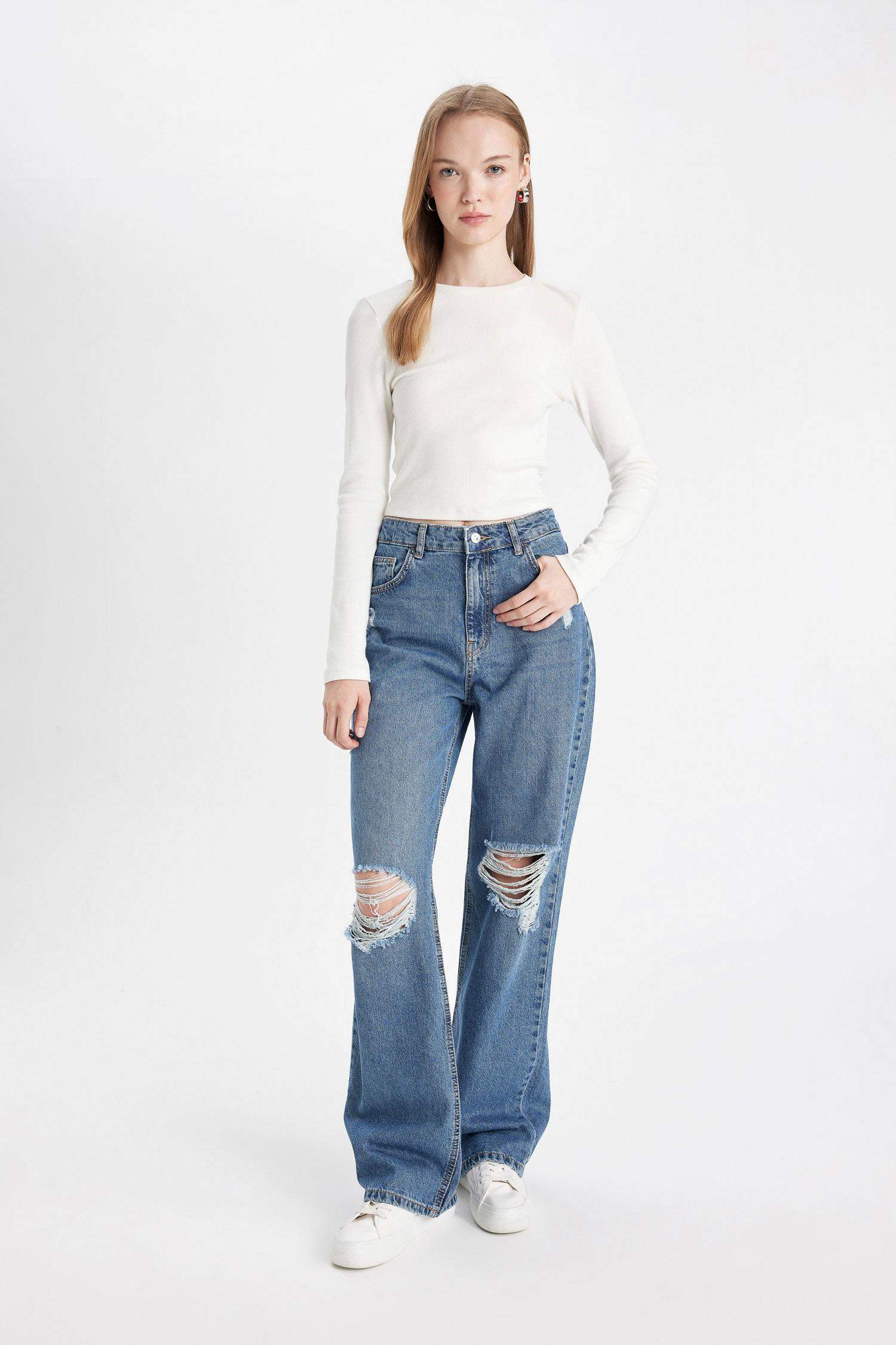 90's Wide Leg Yırtık Detaylı Yüksek Bel Uzun Jean Yıkamalı Pantolon