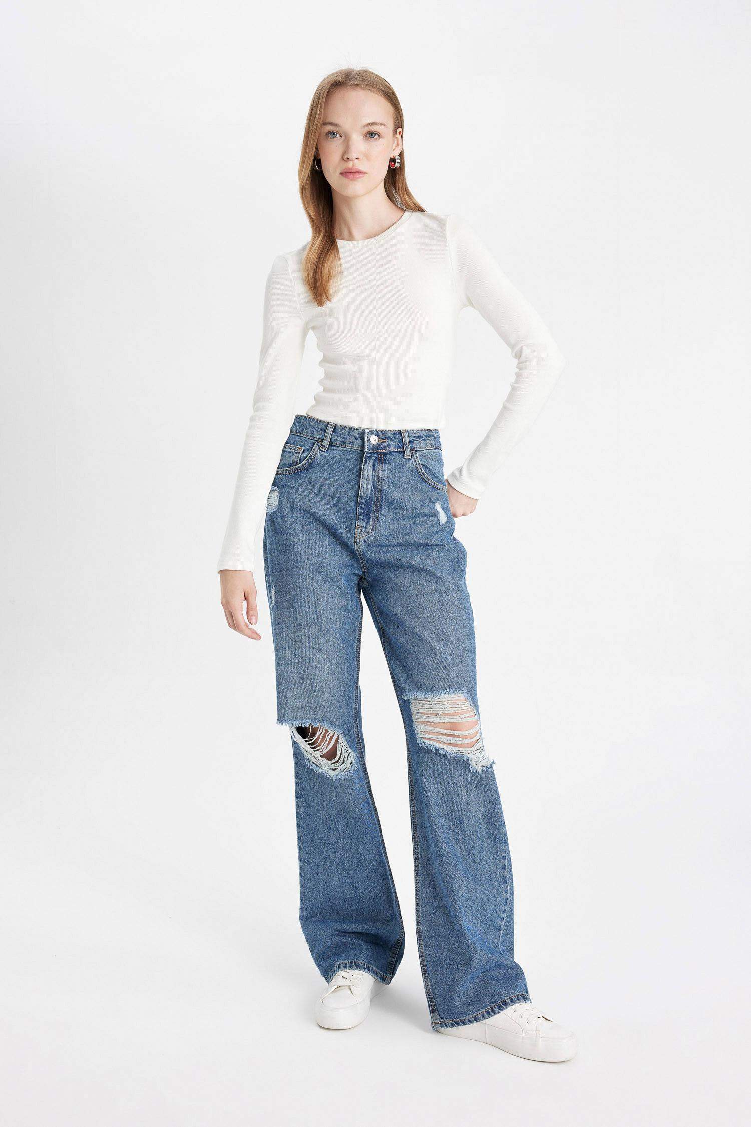 90's Wide Leg Yırtık Detaylı Yüksek Bel Uzun Jean Yıkamalı Pantolon