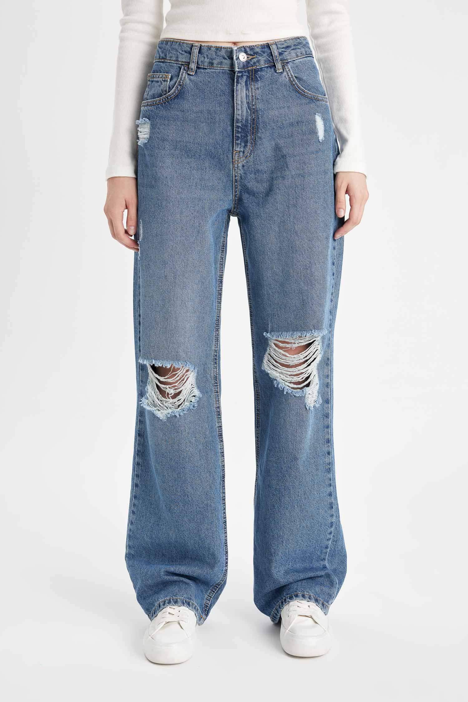 90's Wide Leg Yırtık Detaylı Yüksek Bel Uzun Jean Yıkamalı Pantolon