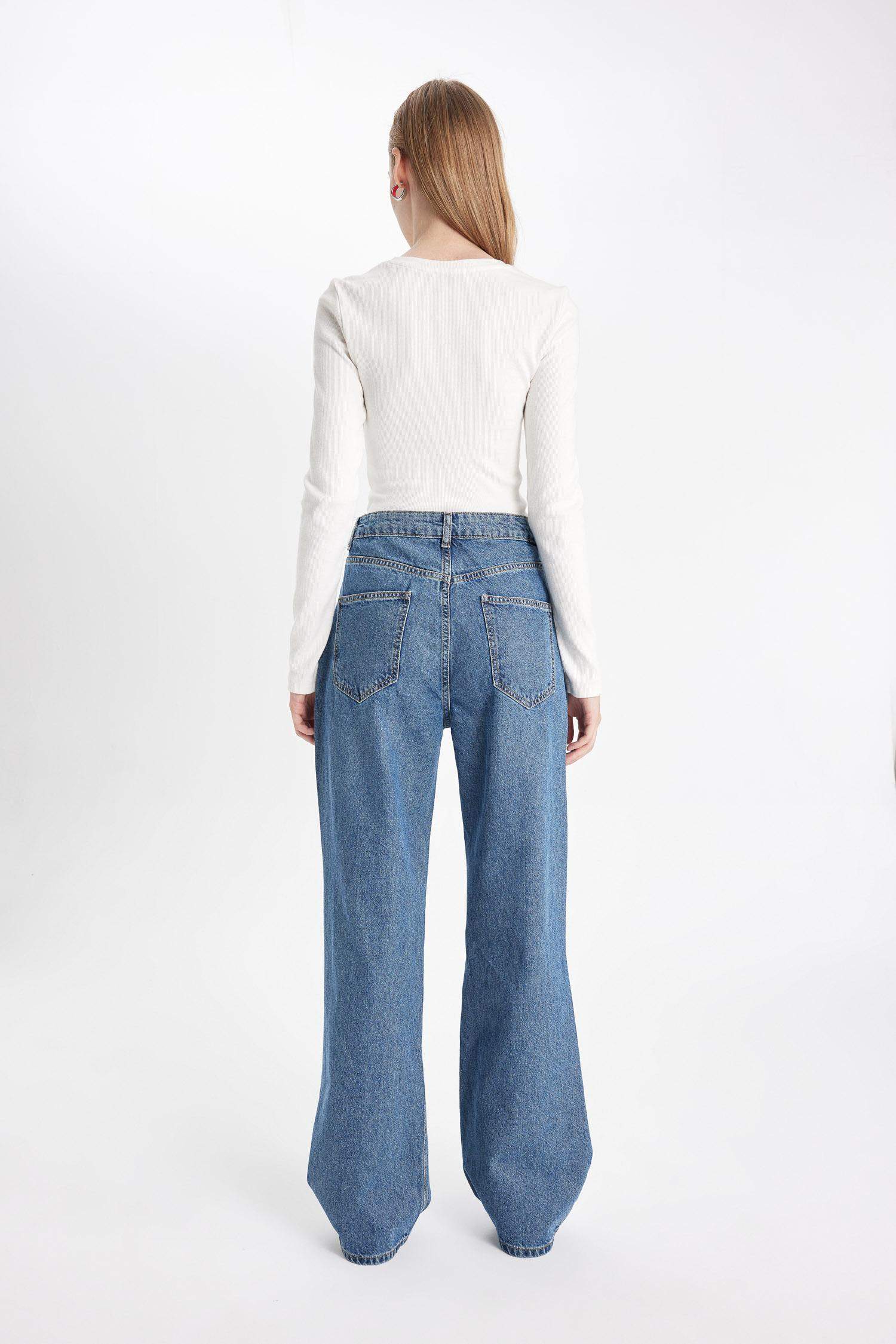 90's Wide Leg Yırtık Detaylı Yüksek Bel Uzun Jean Yıkamalı Pantolon