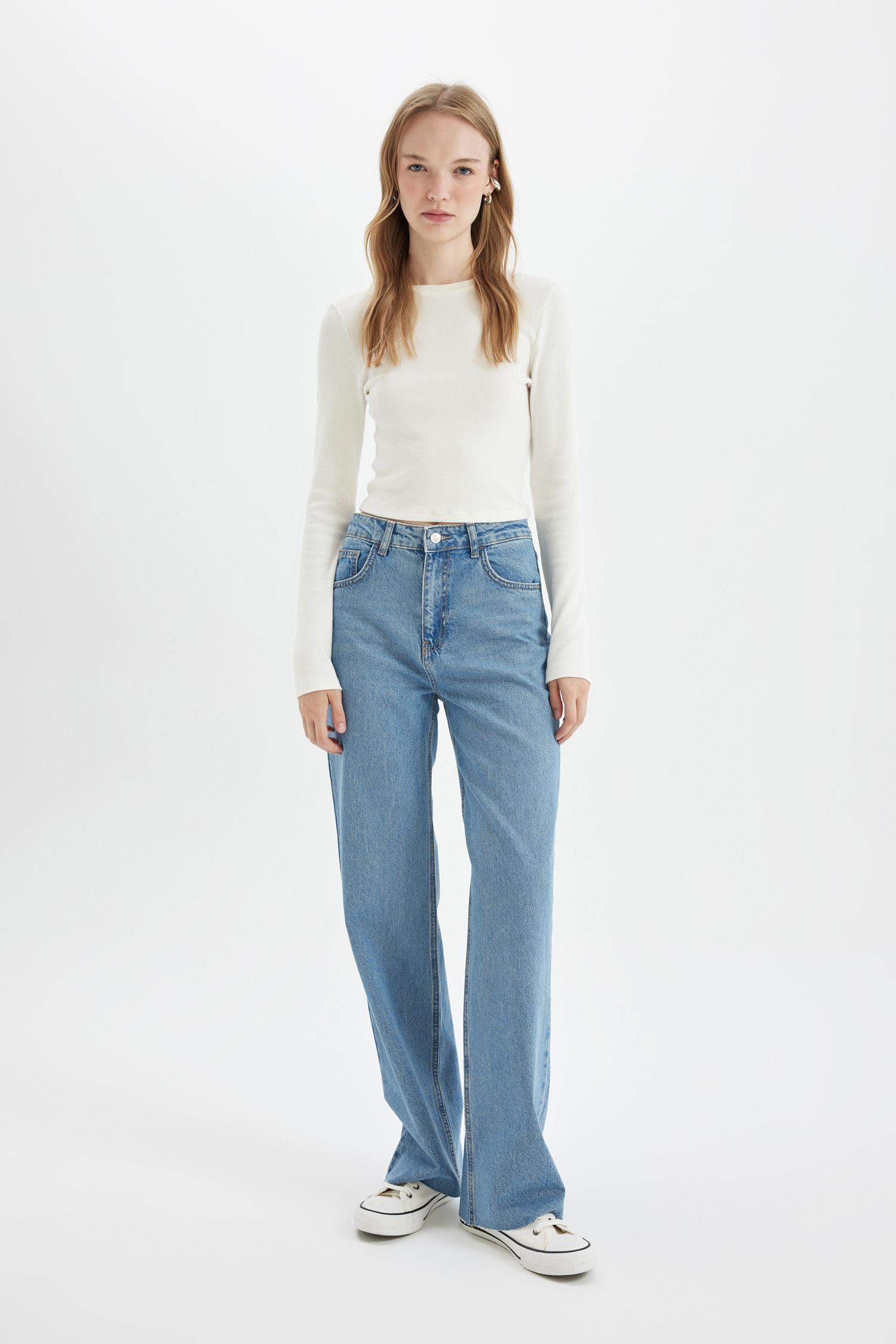 90's Wide Leg Yüksek Bel Paça Ucu Kesik Jean Yıkamalı Pantolon