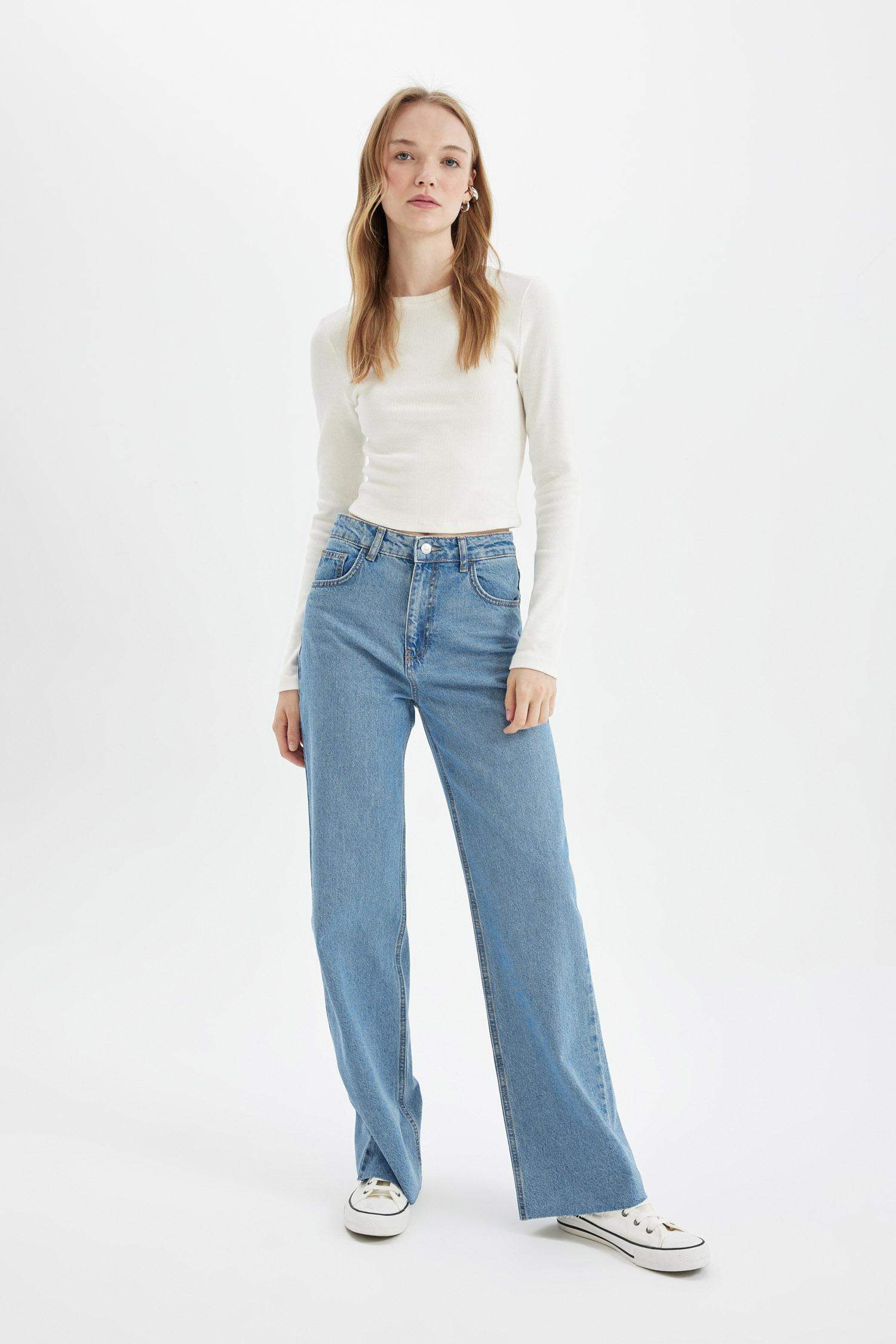 90's Wide Leg Yüksek Bel Paça Ucu Kesik Jean Yıkamalı Pantolon