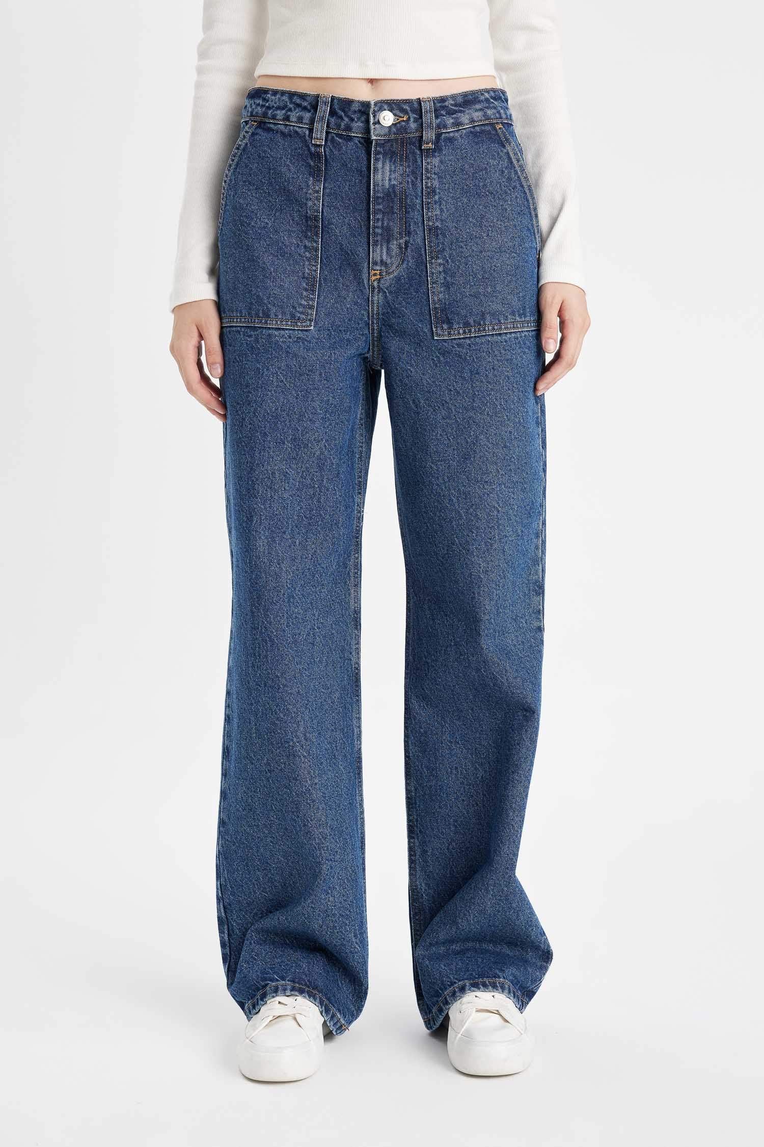 بنطرون جينز كارجو ولادي برجل واسع وخصر عالي