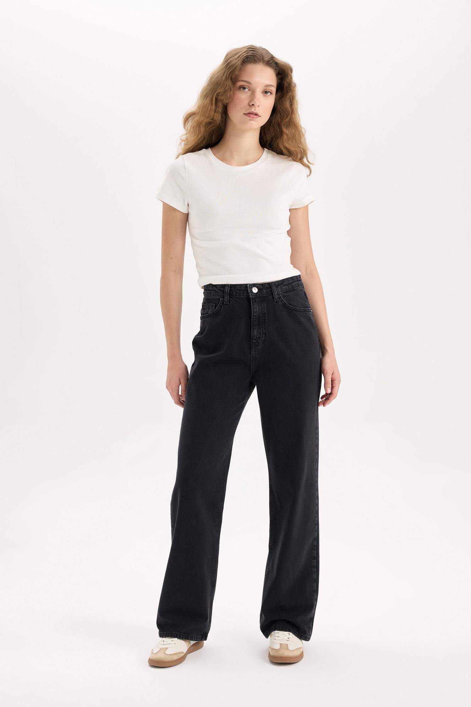 90's Wide Leg Yüksek Bel Düz Paça Jean Yıkamalı Pantolon