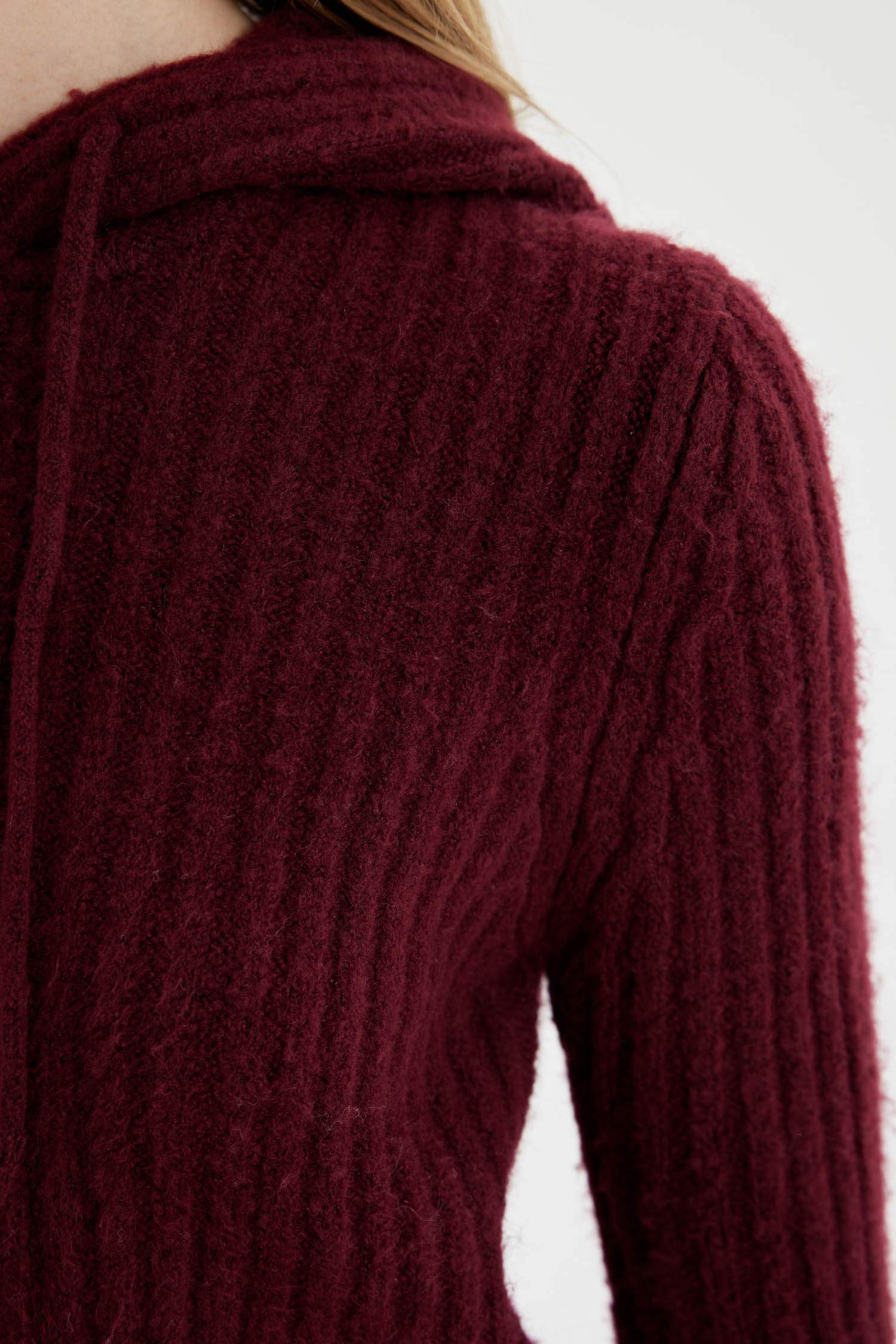 Regular Fit Basic Düz Kapüşonlu Crop Triko Kazak