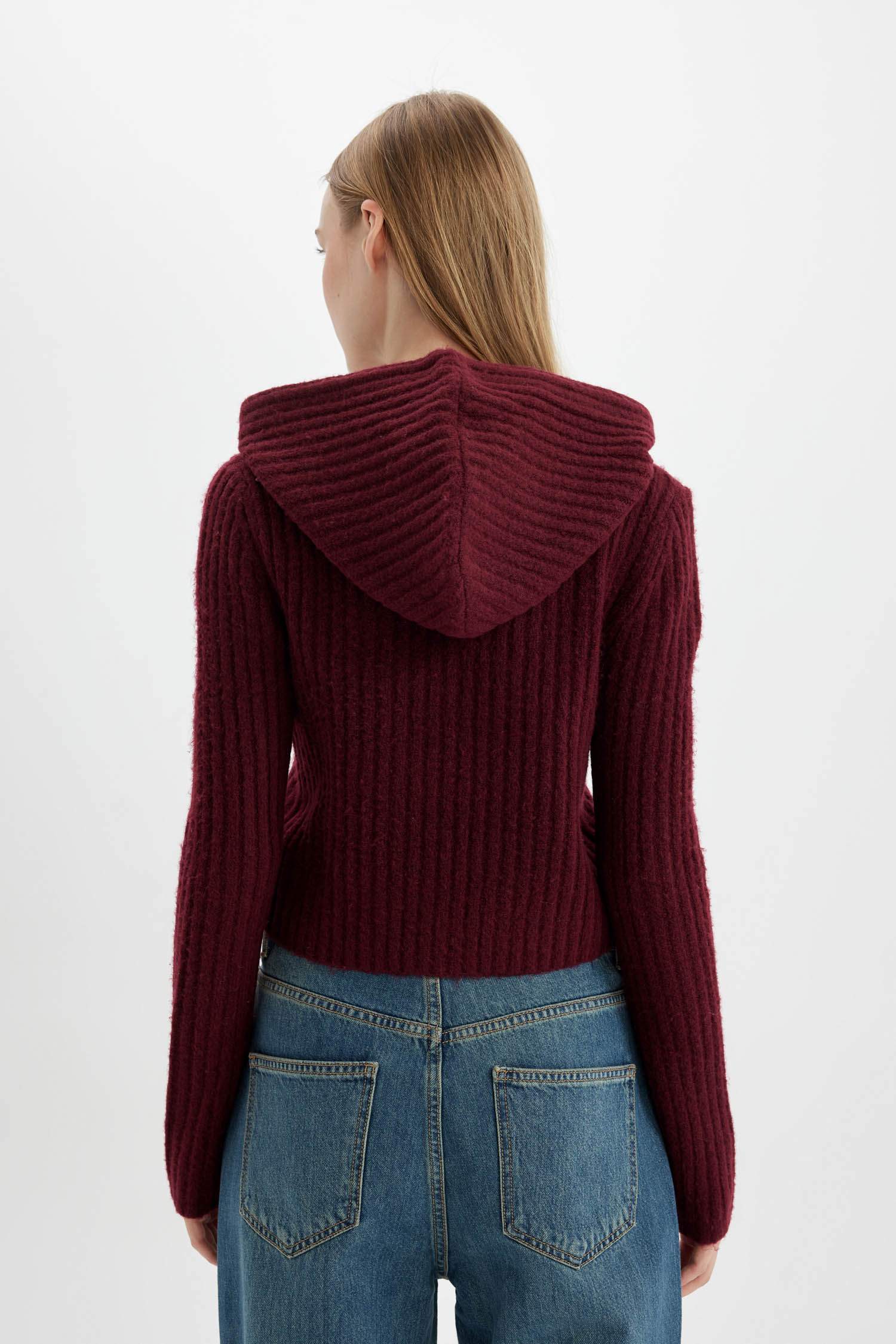 Regular Fit Basic Düz Kapüşonlu Crop Triko Kazak