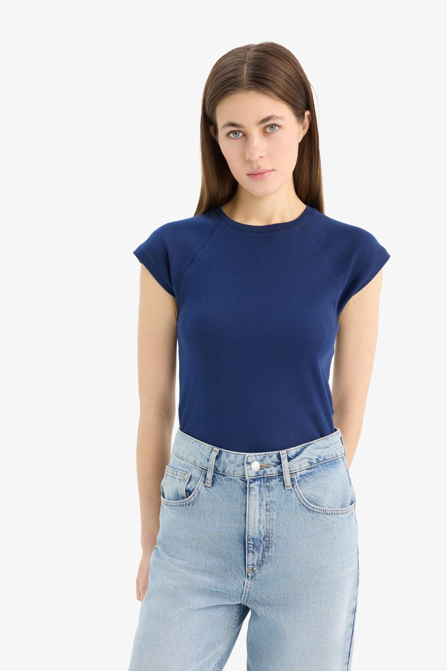 T-Shirt Slim en Ribana à Manches Courtes Col Rond