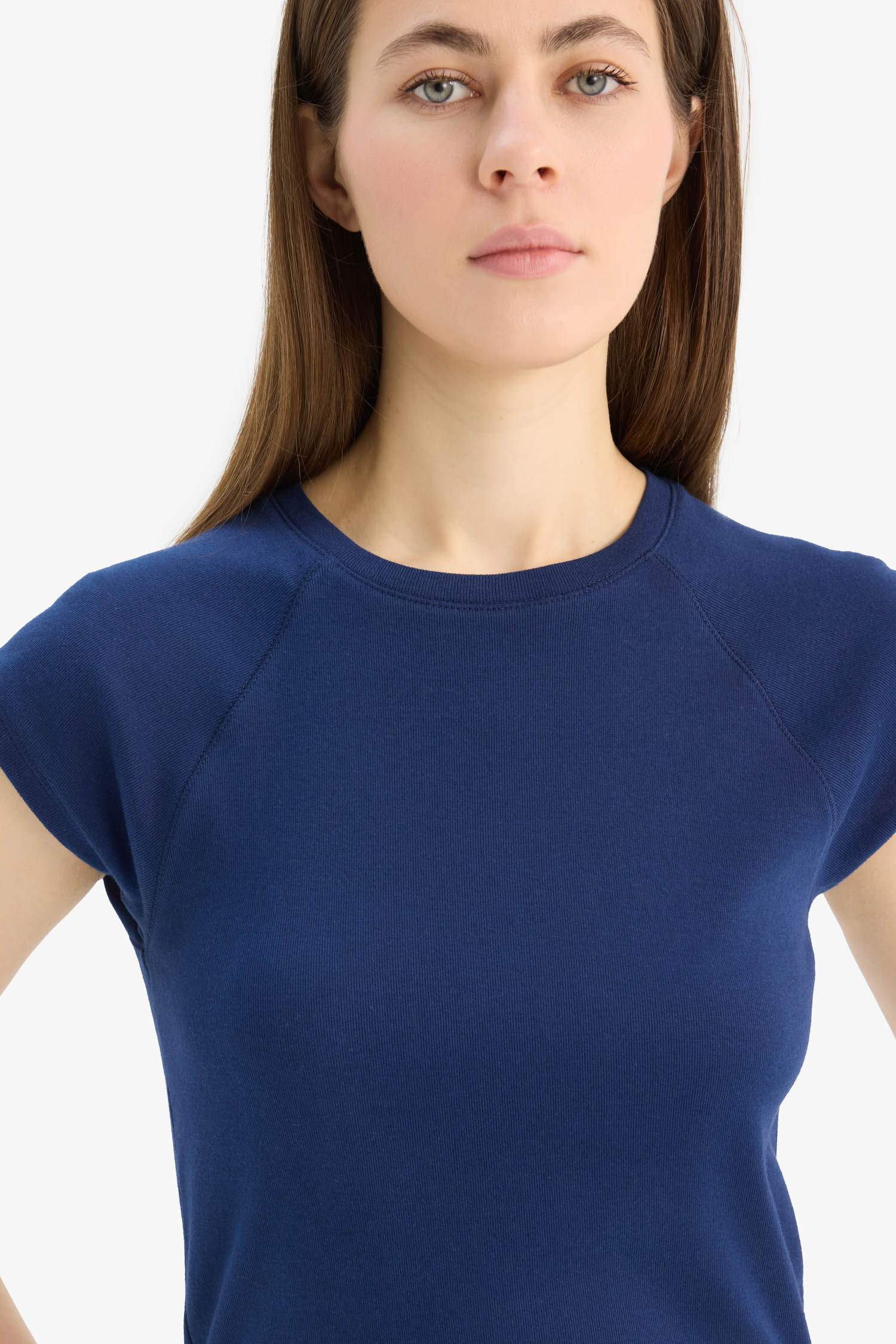 T-Shirt Slim en Ribana à Manches Courtes Col Rond