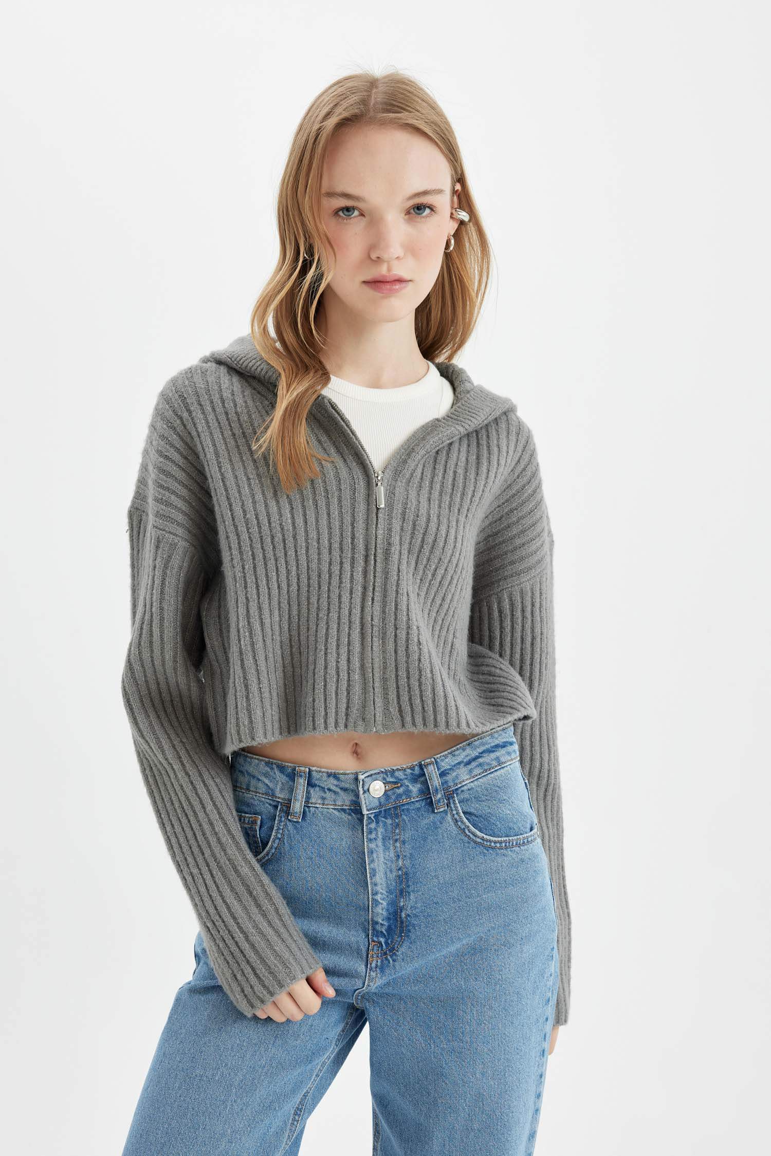 Regular Fit Kapüşonlu Fermuarlı Triko Hırka