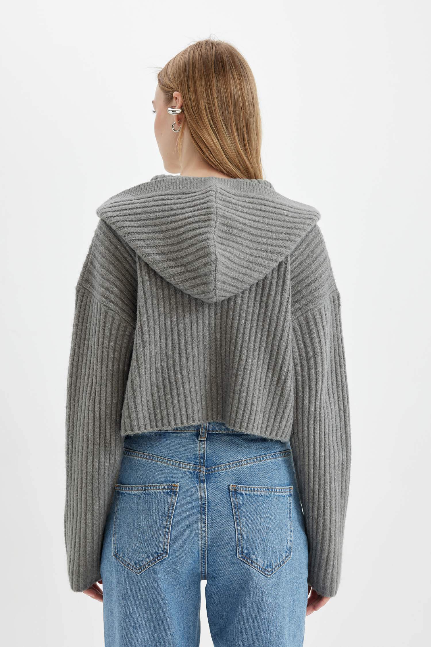 Regular Fit Kapüşonlu Fermuarlı Triko Hırka