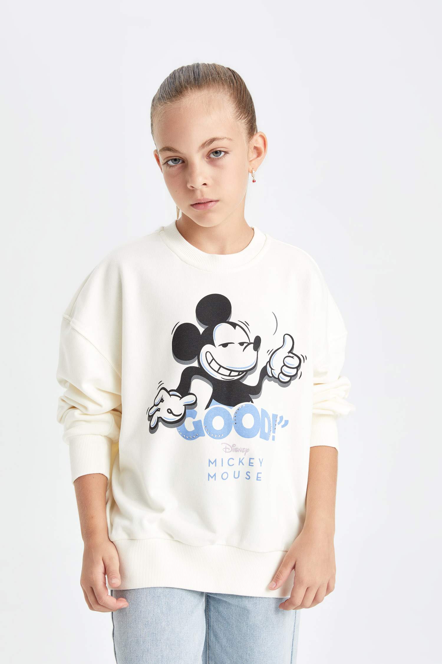 Kız Çocuk Disney Mickey & Minnie Oversize Geniş Kalıp Bisiklet Yaka Sweatshirt