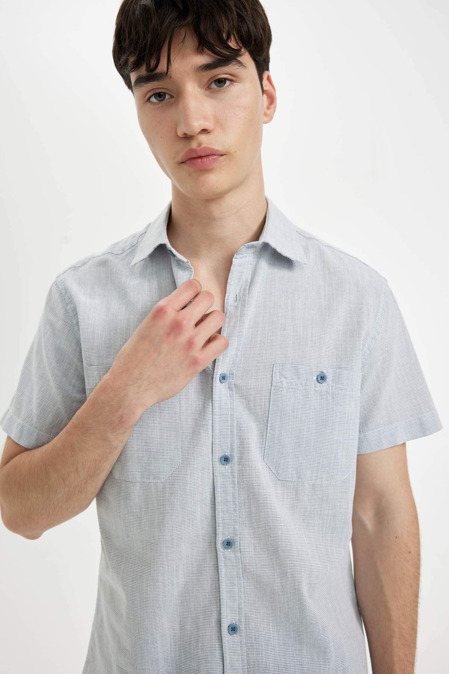 Slim Fit Cotton Short Sleeve Striped Shirt