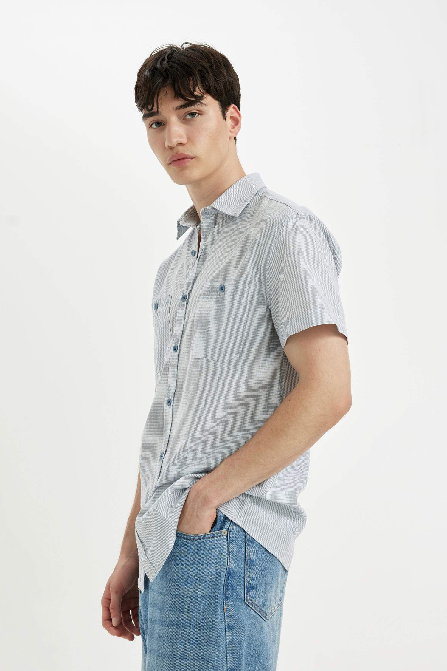 Slim Fit Cotton Short Sleeve Striped Shirt