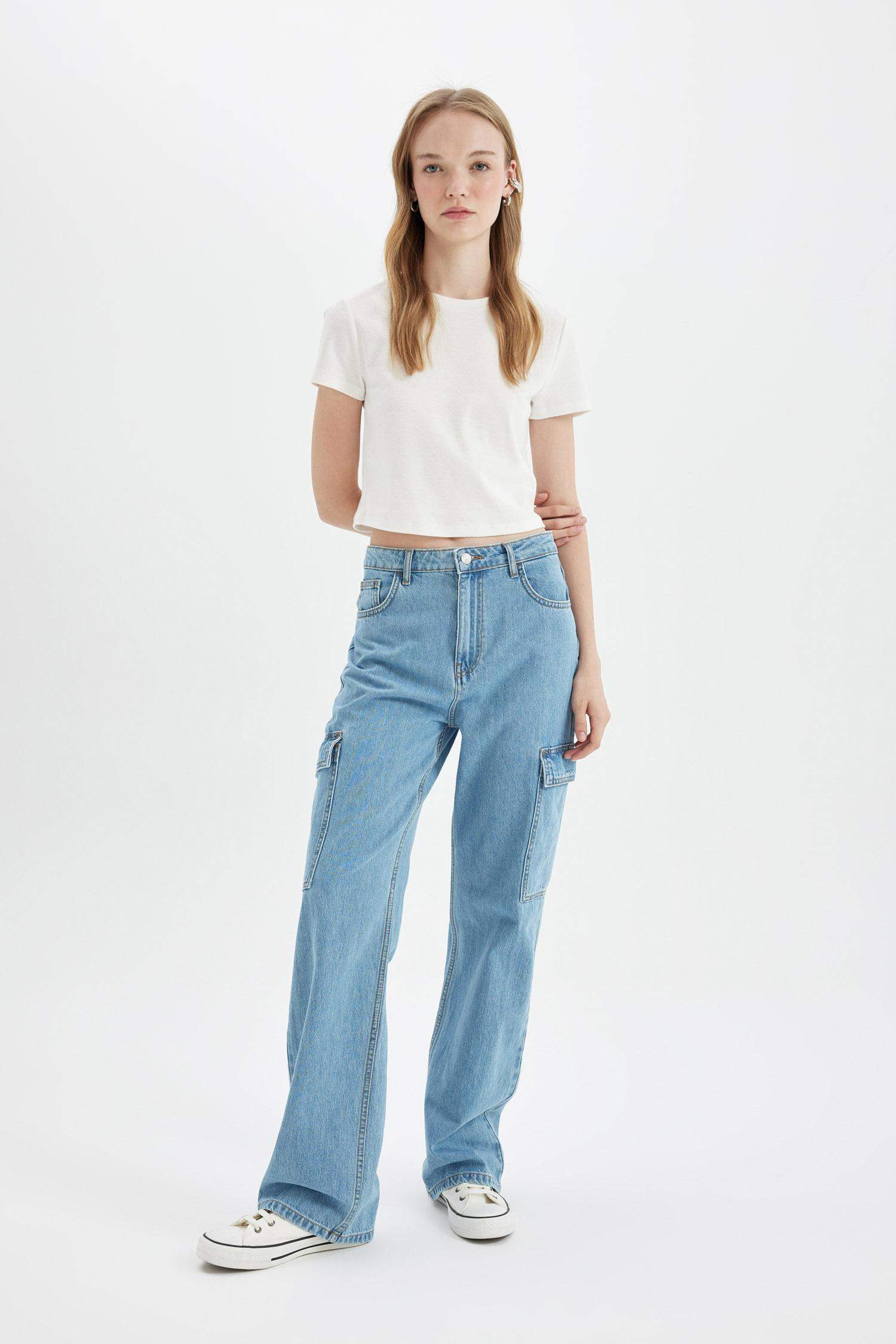 90's Wide Leg Yüksek Bel Uzun Jean Yıkamalı Pantolon