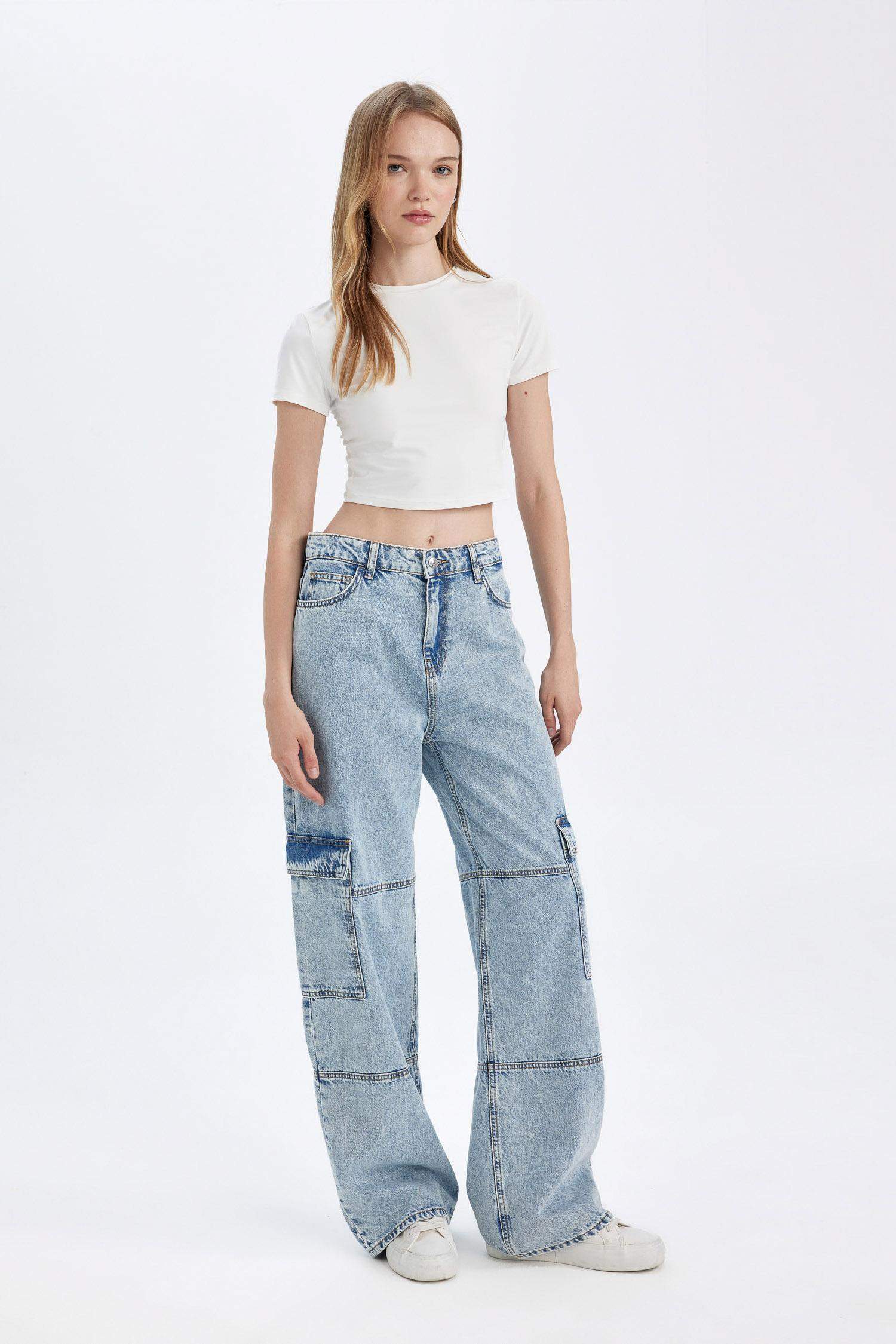 Straight Fit Kargo Yüksek Bel Uzun Jean Yıkamalı Pantolon