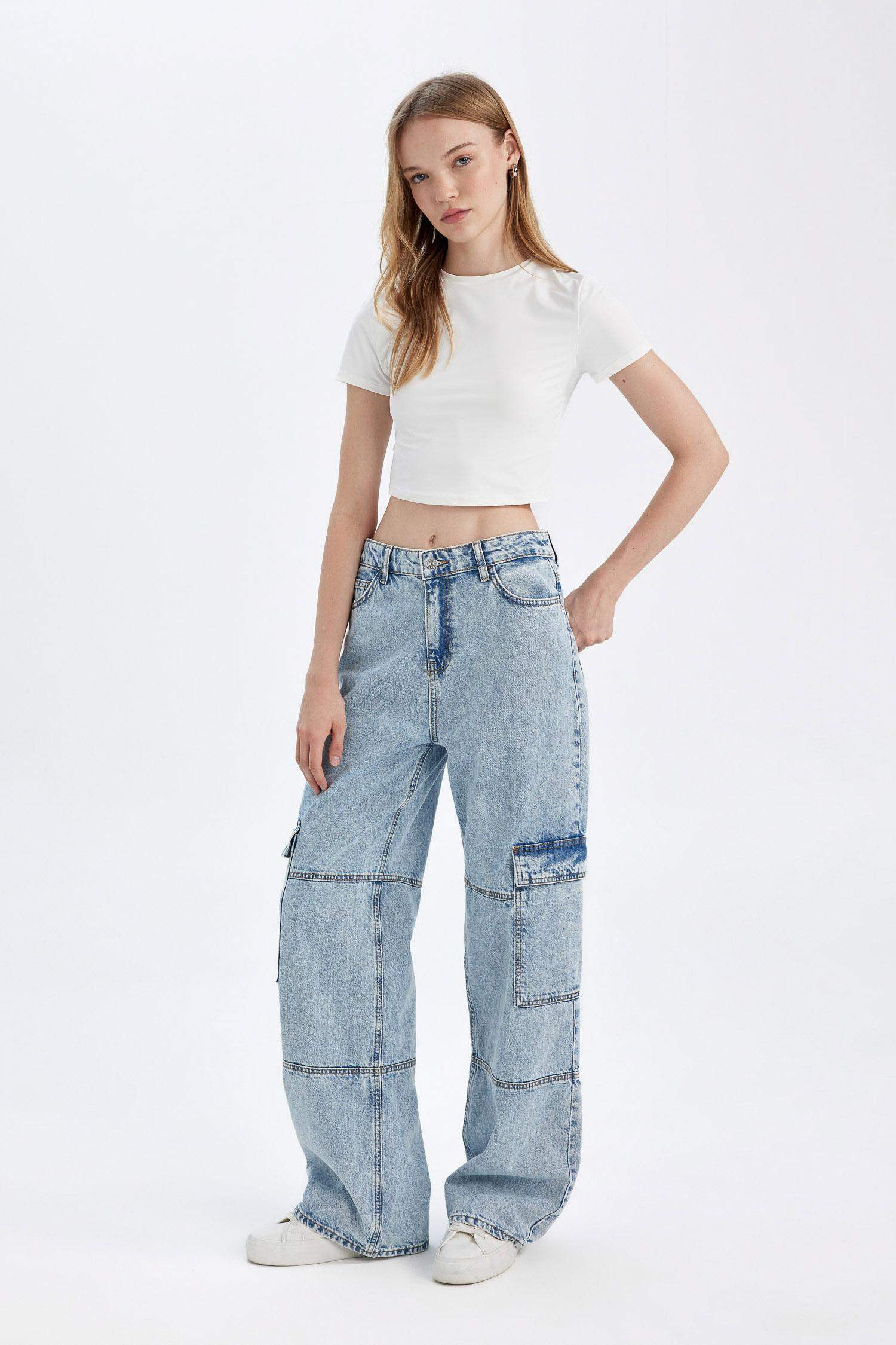 Straight Fit Kargo Yüksek Bel Uzun Jean Yıkamalı Pantolon