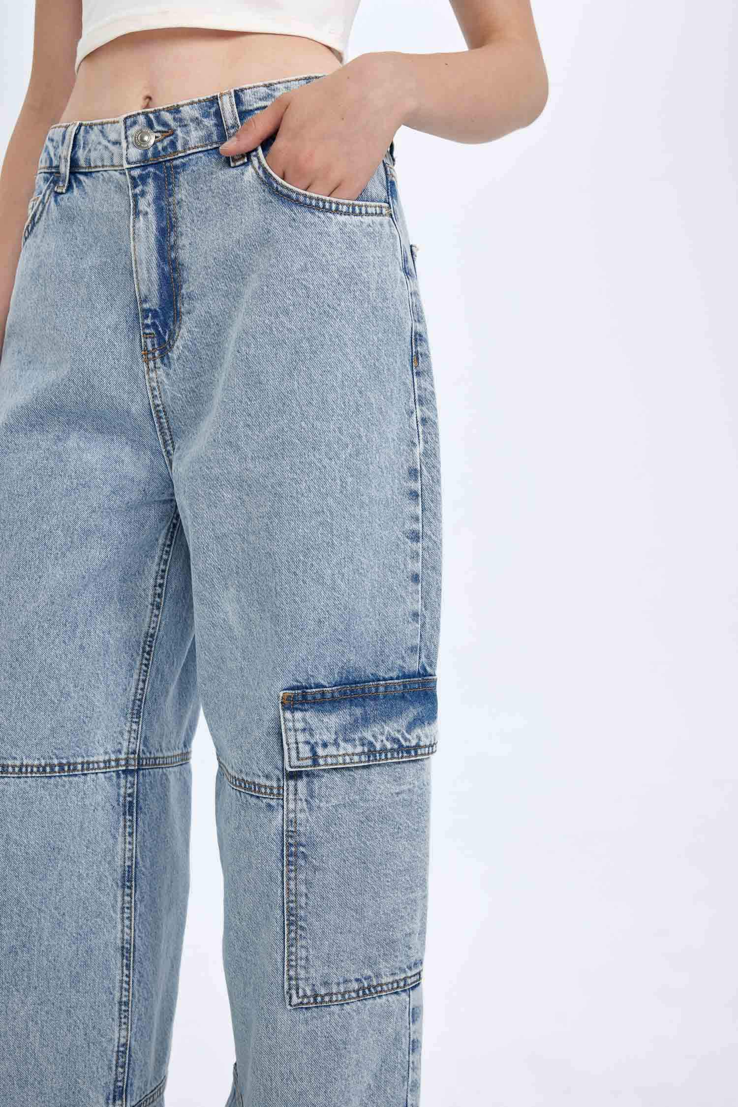 Straight Fit Kargo Yüksek Bel Uzun Jean Yıkamalı Pantolon