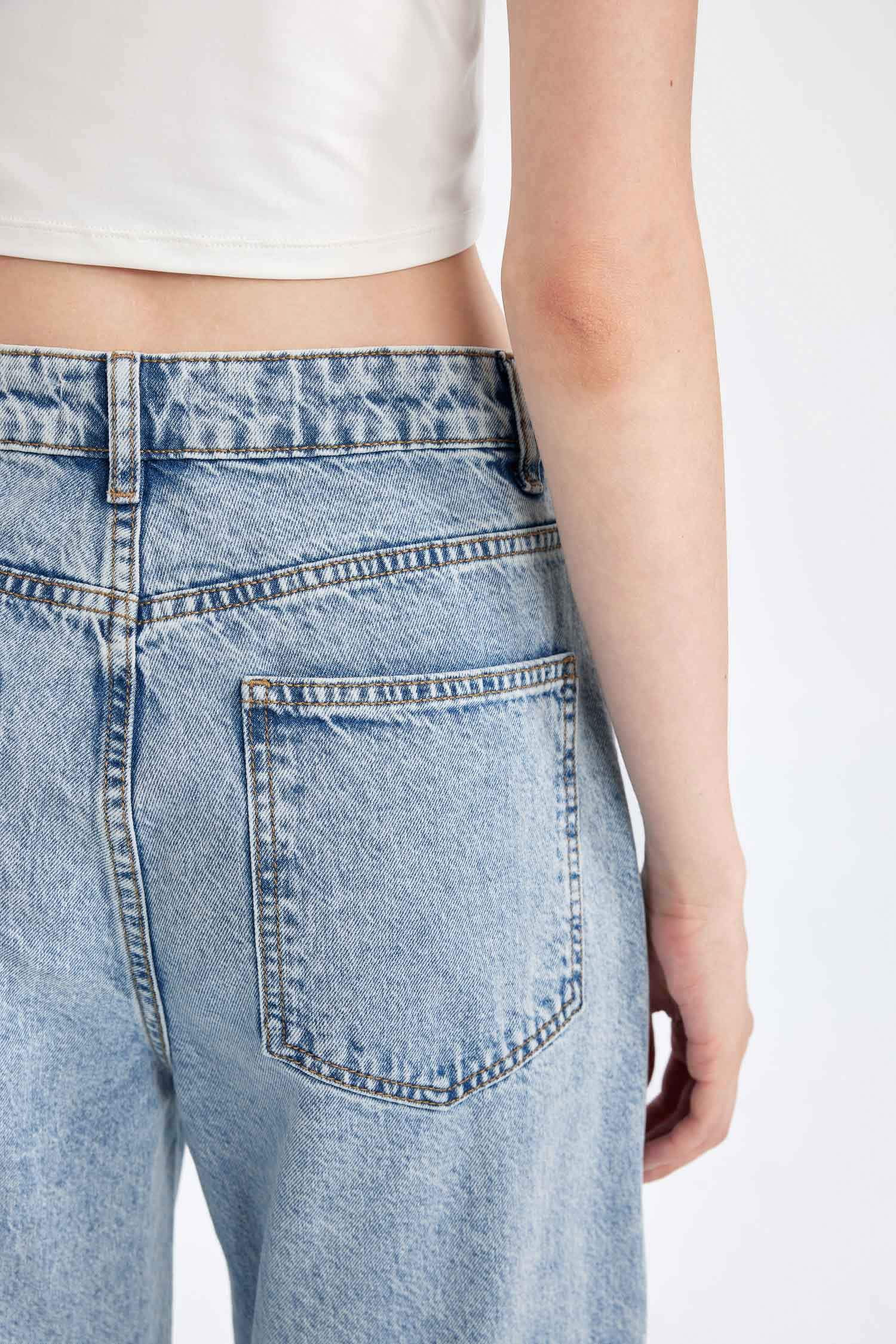 Straight Fit Kargo Yüksek Bel Uzun Jean Yıkamalı Pantolon