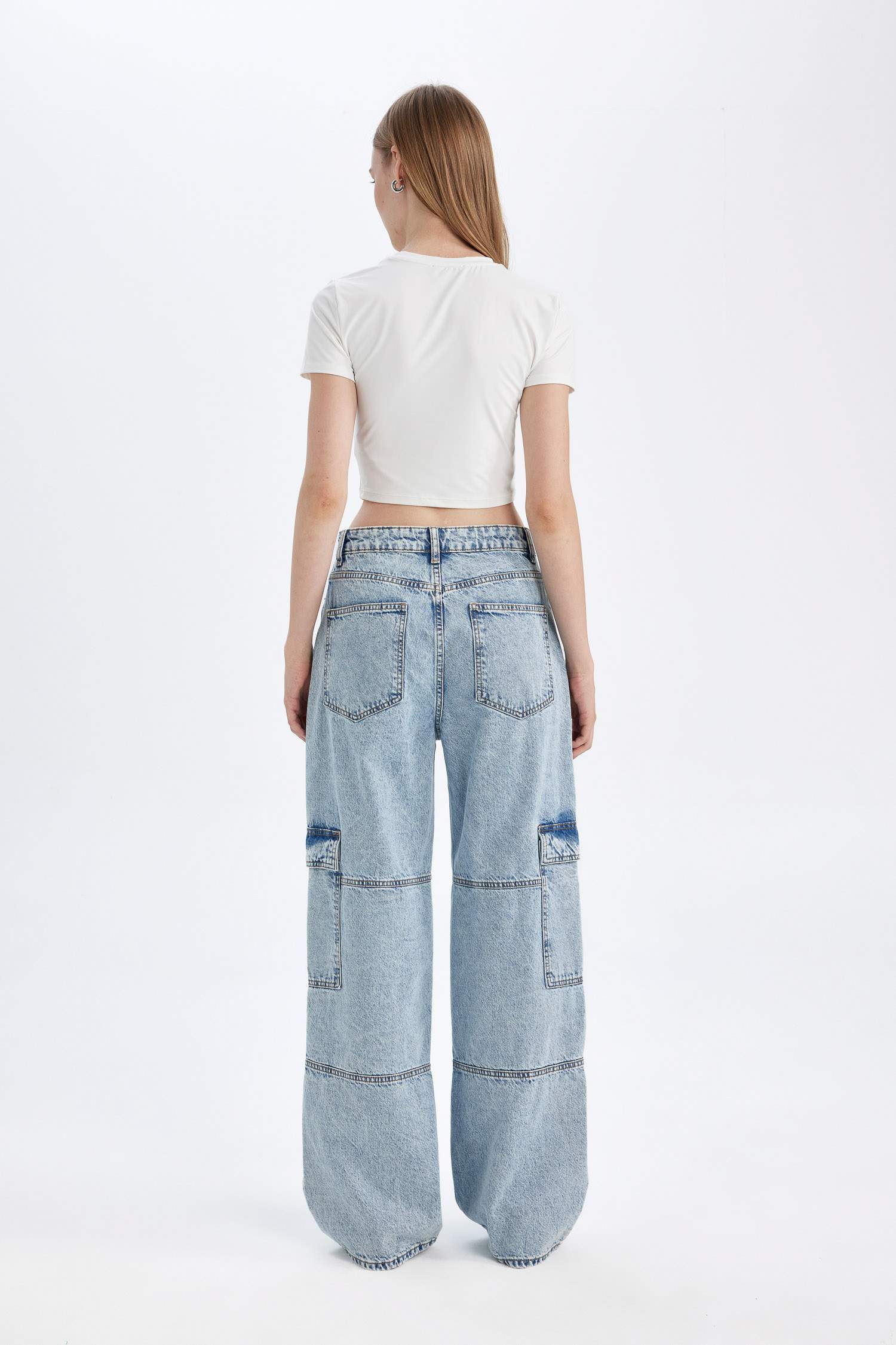 Straight Fit Kargo Yüksek Bel Uzun Jean Yıkamalı Pantolon