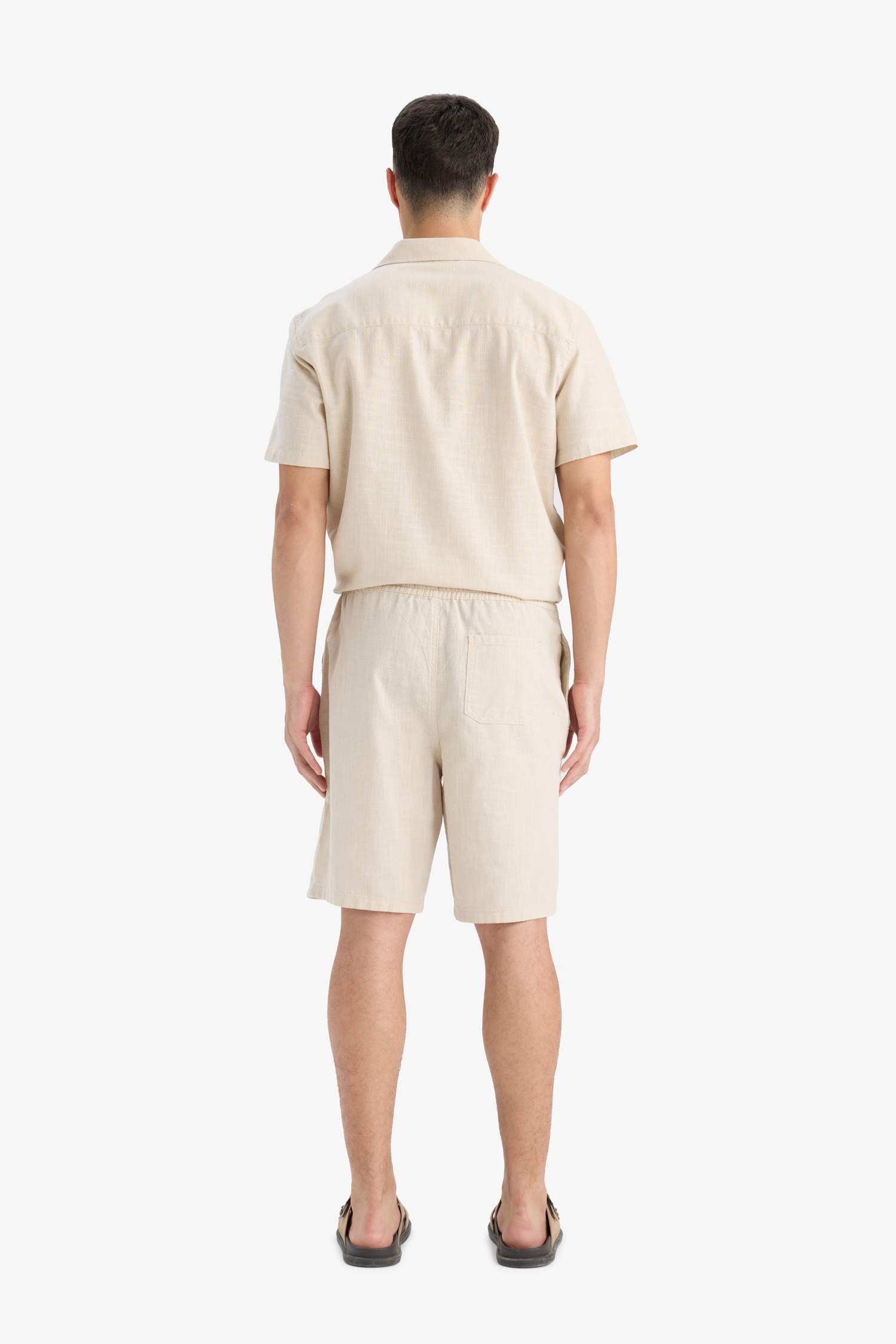 %100 Pamuk Relax Fit Cepli Keten Görünümlü Bermuda Şort