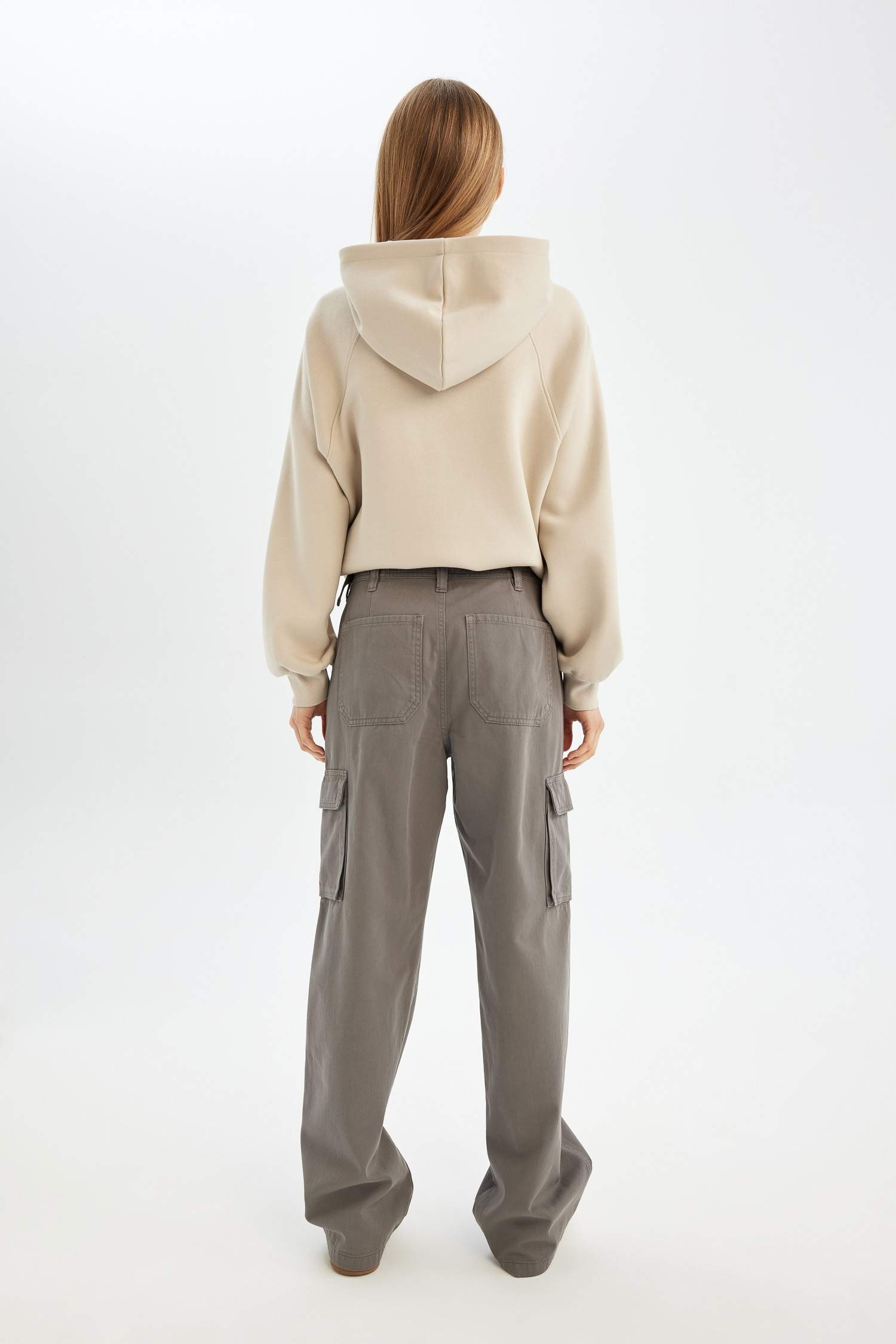 Straight Fit High Waist Gabardine Cargo Pants