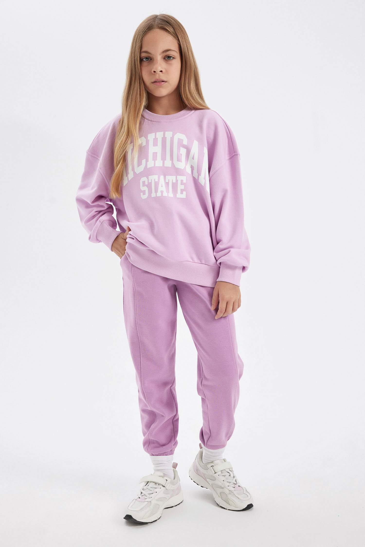 Kız Çocuk Relax Fit Bisiklet Yaka Baskılı Okul Sweatshirt