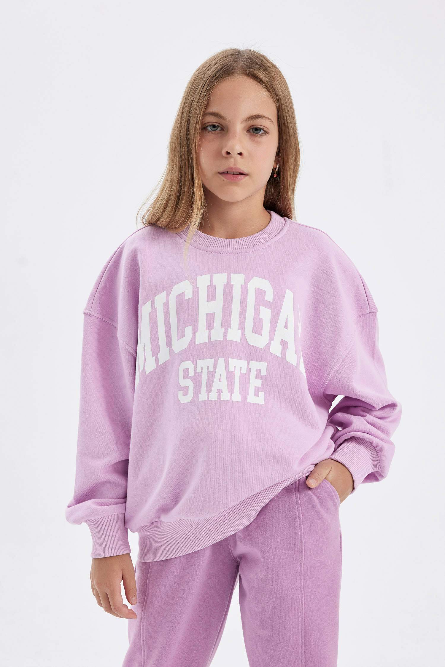 Kız Çocuk Relax Fit Bisiklet Yaka Baskılı Okul Sweatshirt