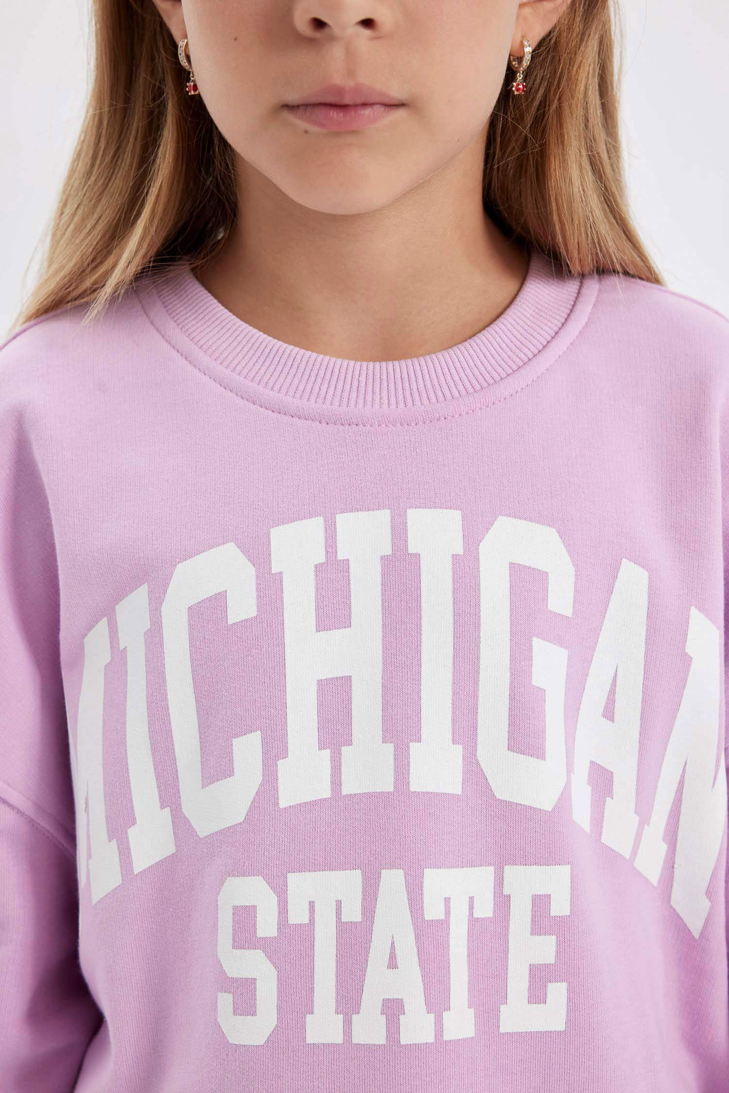 Kız Çocuk Relax Fit Bisiklet Yaka Baskılı Okul Sweatshirt