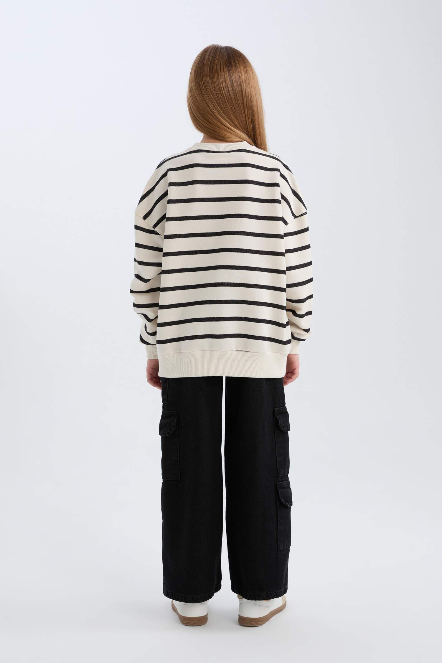 Girl Oversize Fit Pattern Crew Neck Striped Sweatshirt