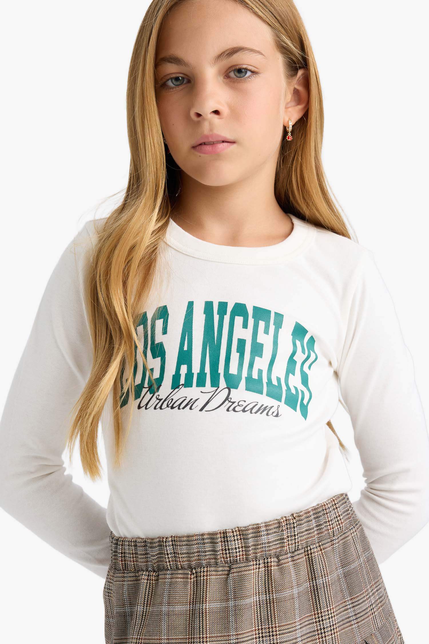 Kız Çocuk Slim Fit Dar Kesim Bisiklet Yaka Baskılı Fitilli Kaşkorse Uzun Kollu Tişört