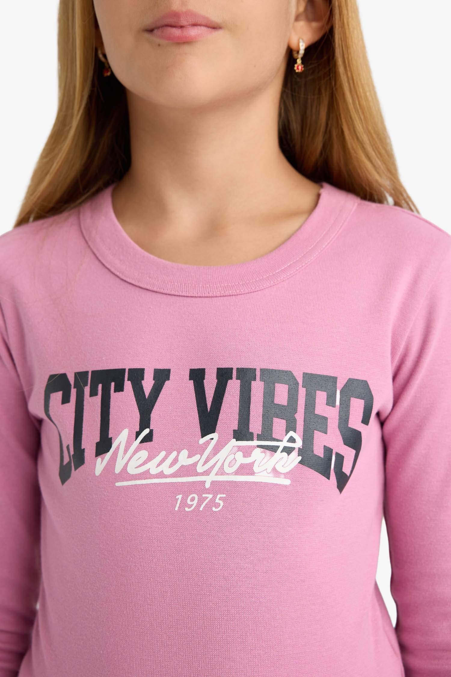 Kız Çocuk Slim Fit Dar Kesim Bisiklet Yaka Baskılı Fitilli Kaşkorse Uzun Kollu Tişört