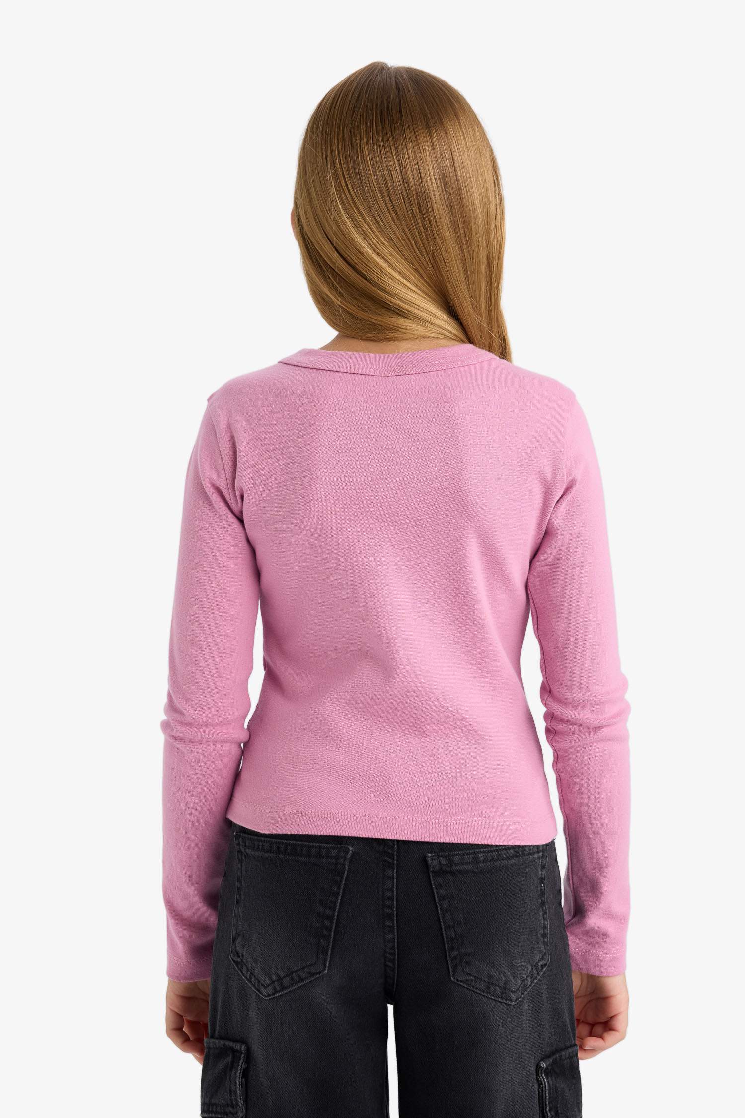 Kız Çocuk Slim Fit Dar Kesim Bisiklet Yaka Baskılı Fitilli Kaşkorse Uzun Kollu Tişört