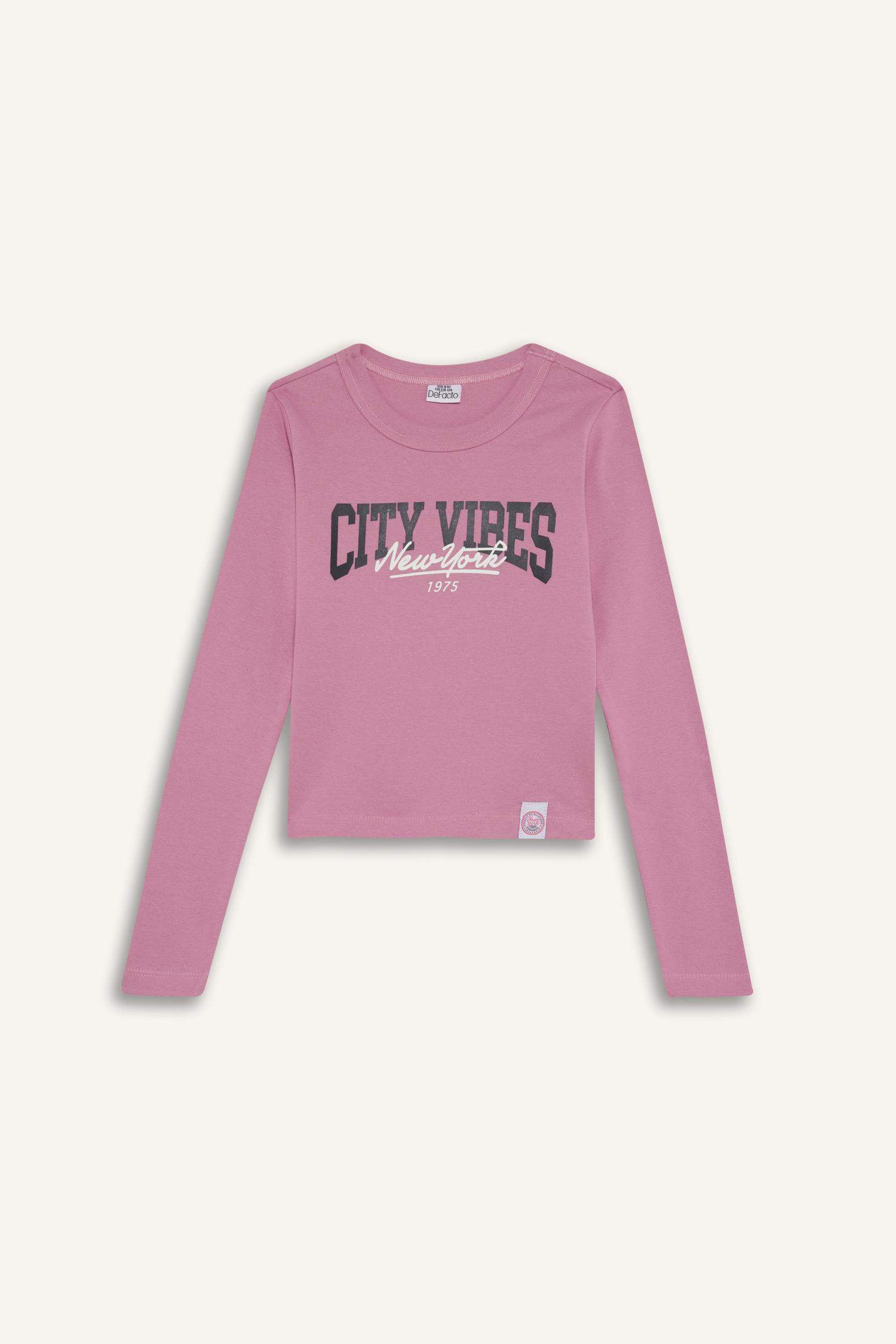 Kız Çocuk Slim Fit Dar Kesim Bisiklet Yaka Baskılı Fitilli Kaşkorse Uzun Kollu Tişört