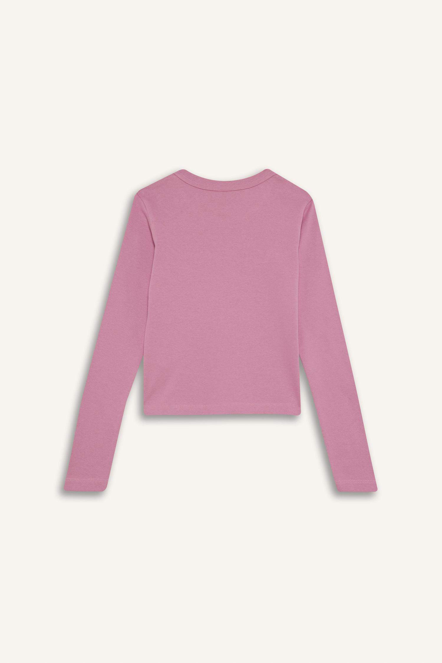 Kız Çocuk Slim Fit Dar Kesim Bisiklet Yaka Baskılı Fitilli Kaşkorse Uzun Kollu Tişört