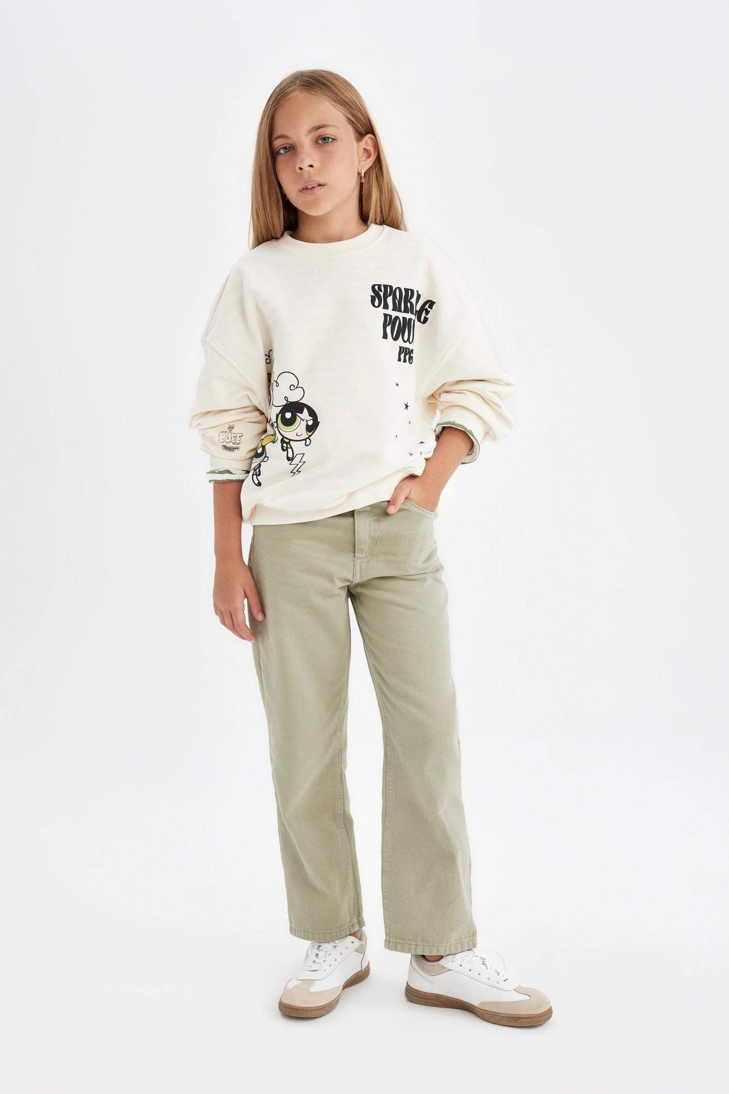 Kız Çocuk Straight Fit Düz Geniş Bol Paça Cepli Pamuklu Pantolon