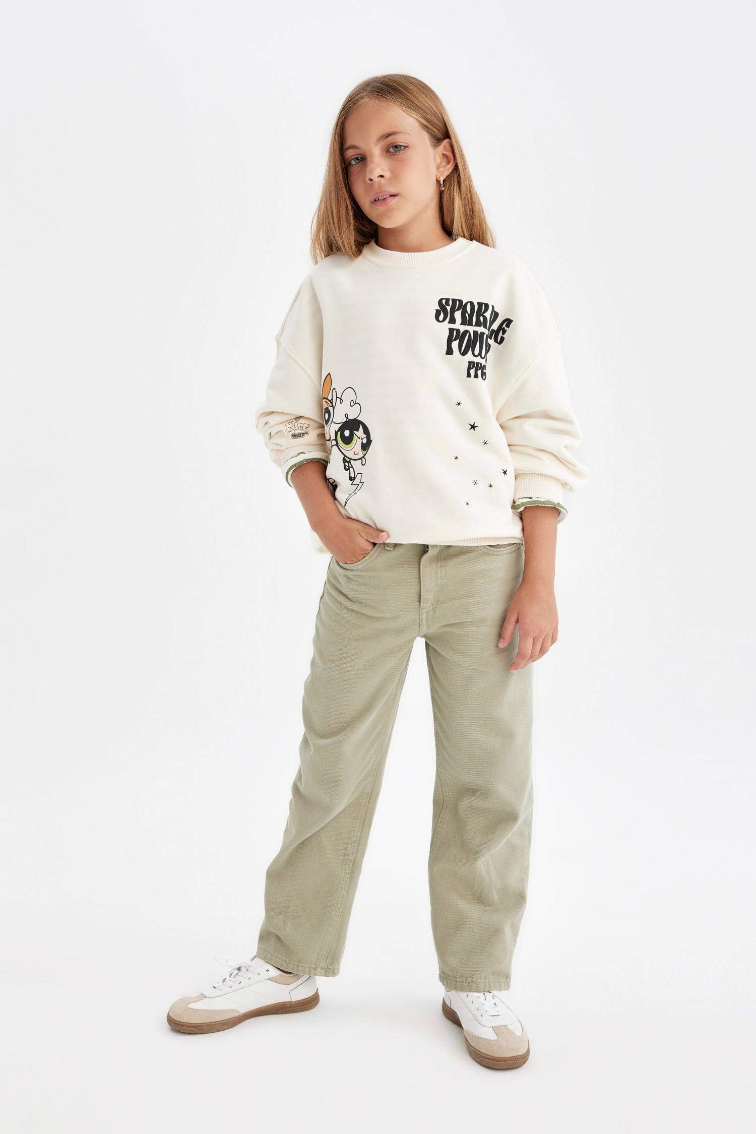 Kız Çocuk Straight Fit Düz Geniş Bol Paça Cepli Pamuklu Pantolon