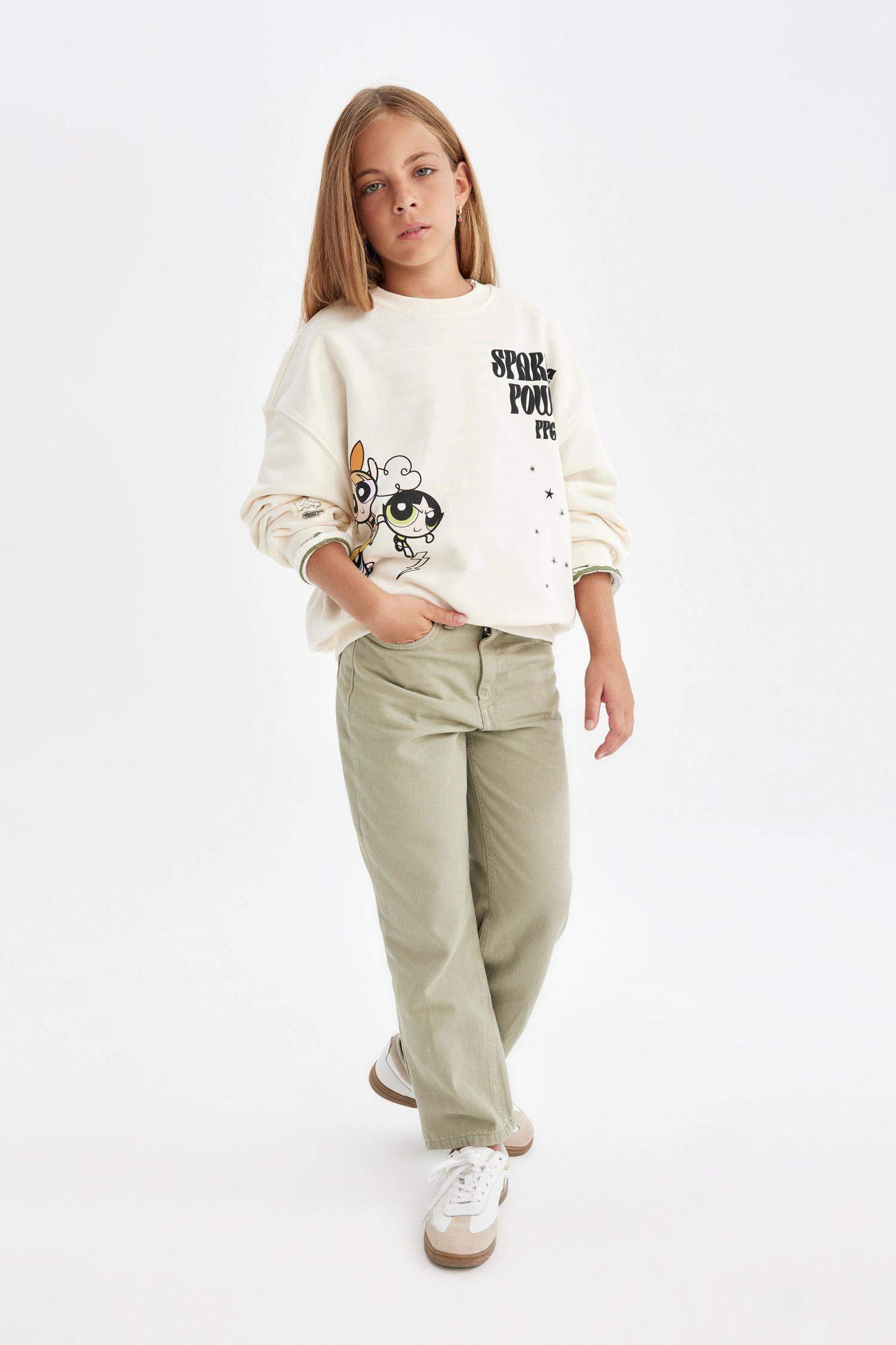 Kız Çocuk Straight Fit Düz Geniş Bol Paça Cepli Pamuklu Pantolon