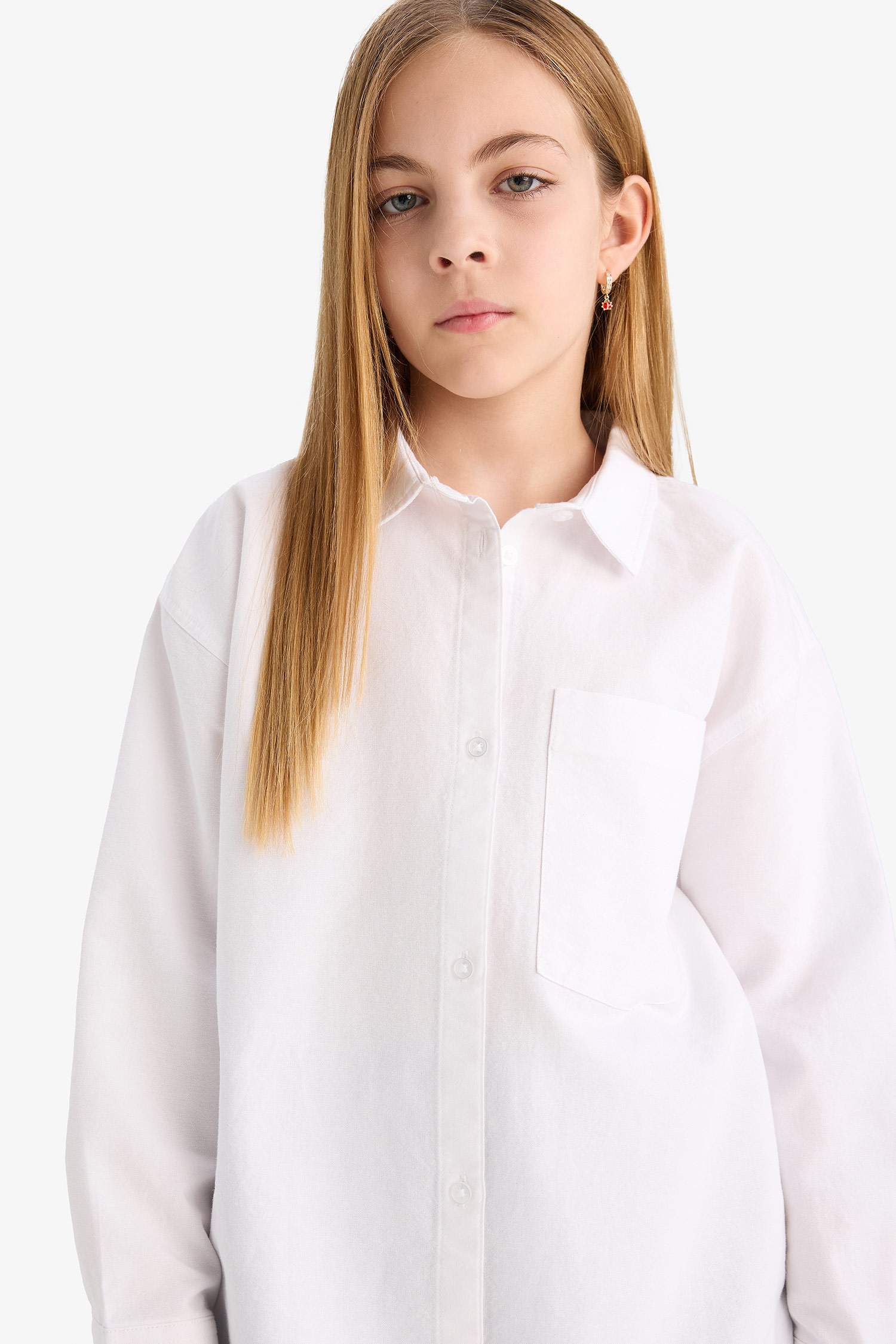 Girl Oversize Fit Poplin Long Sleeve White School Shirt