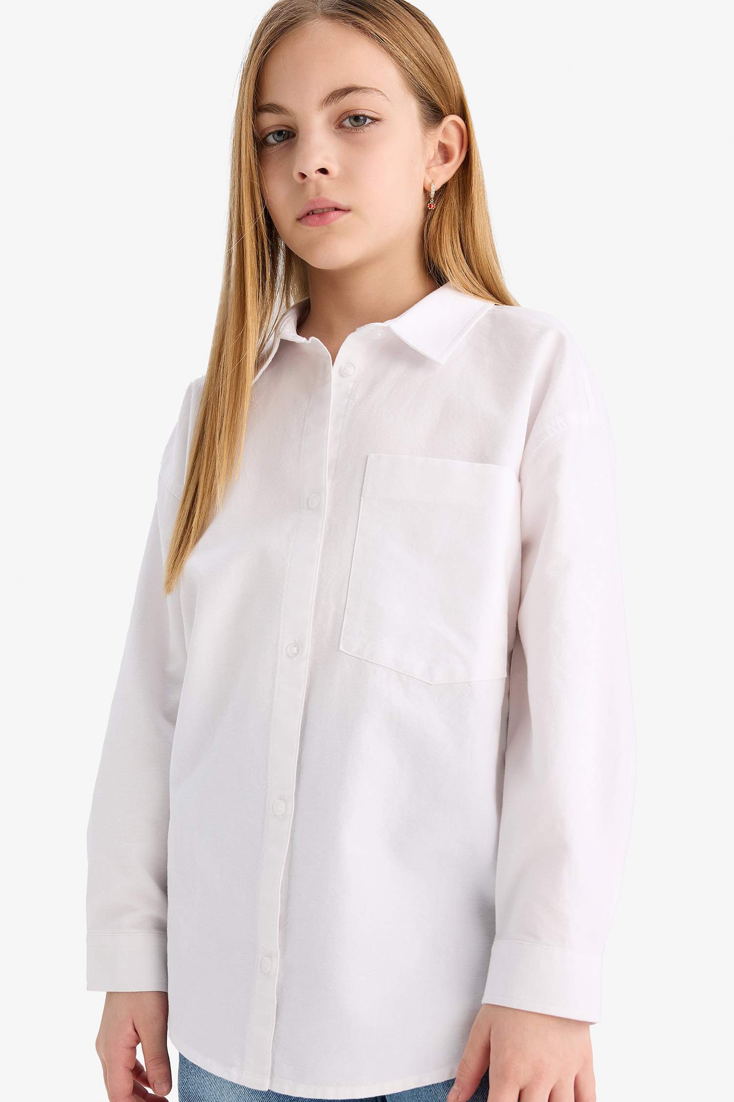 Girl Oversize Fit Poplin Long Sleeve White School Shirt