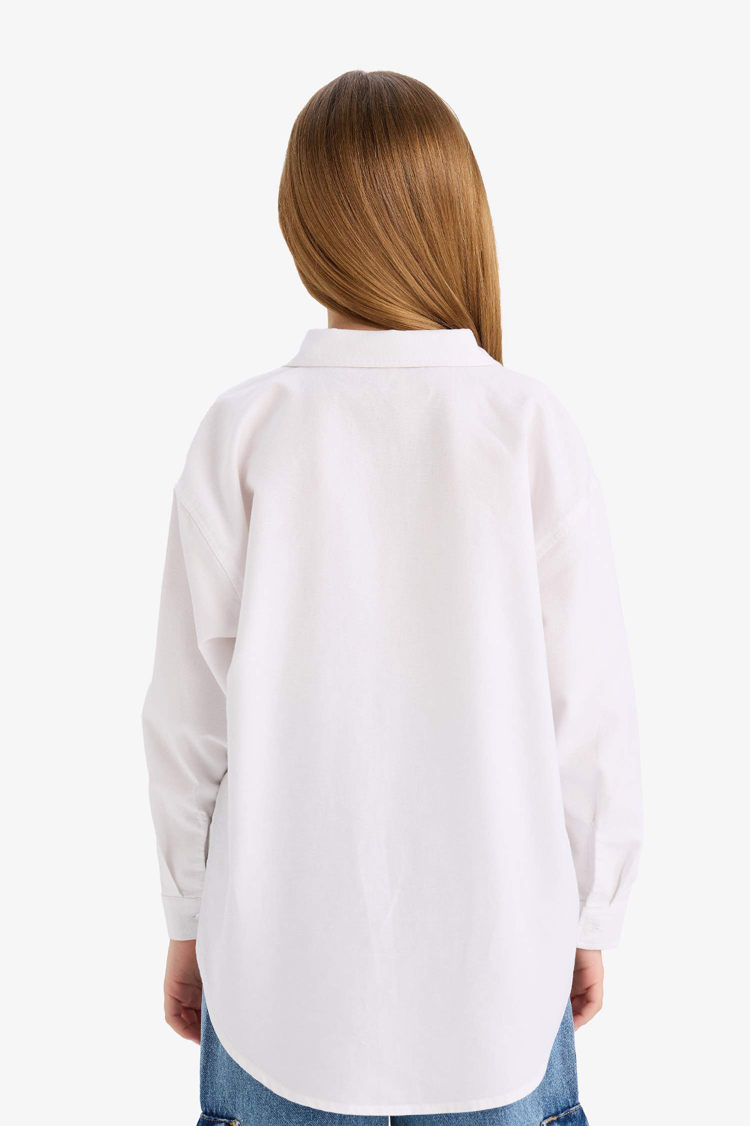 Girl Oversize Fit Poplin Long Sleeve White School Shirt