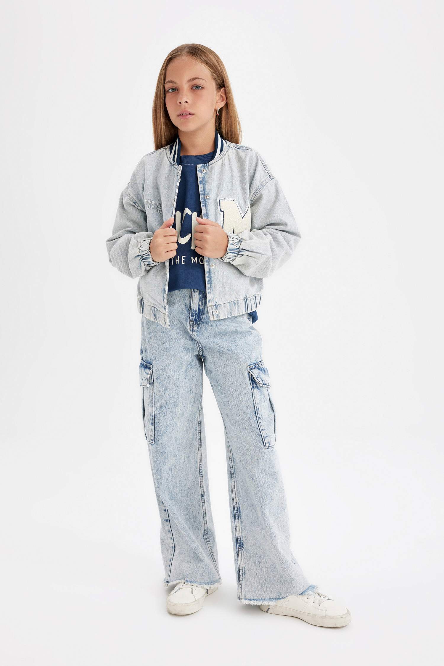 Kız Çocuk Çıtçıtlı Cepli Mevsimlik Jean Bomber Ceket