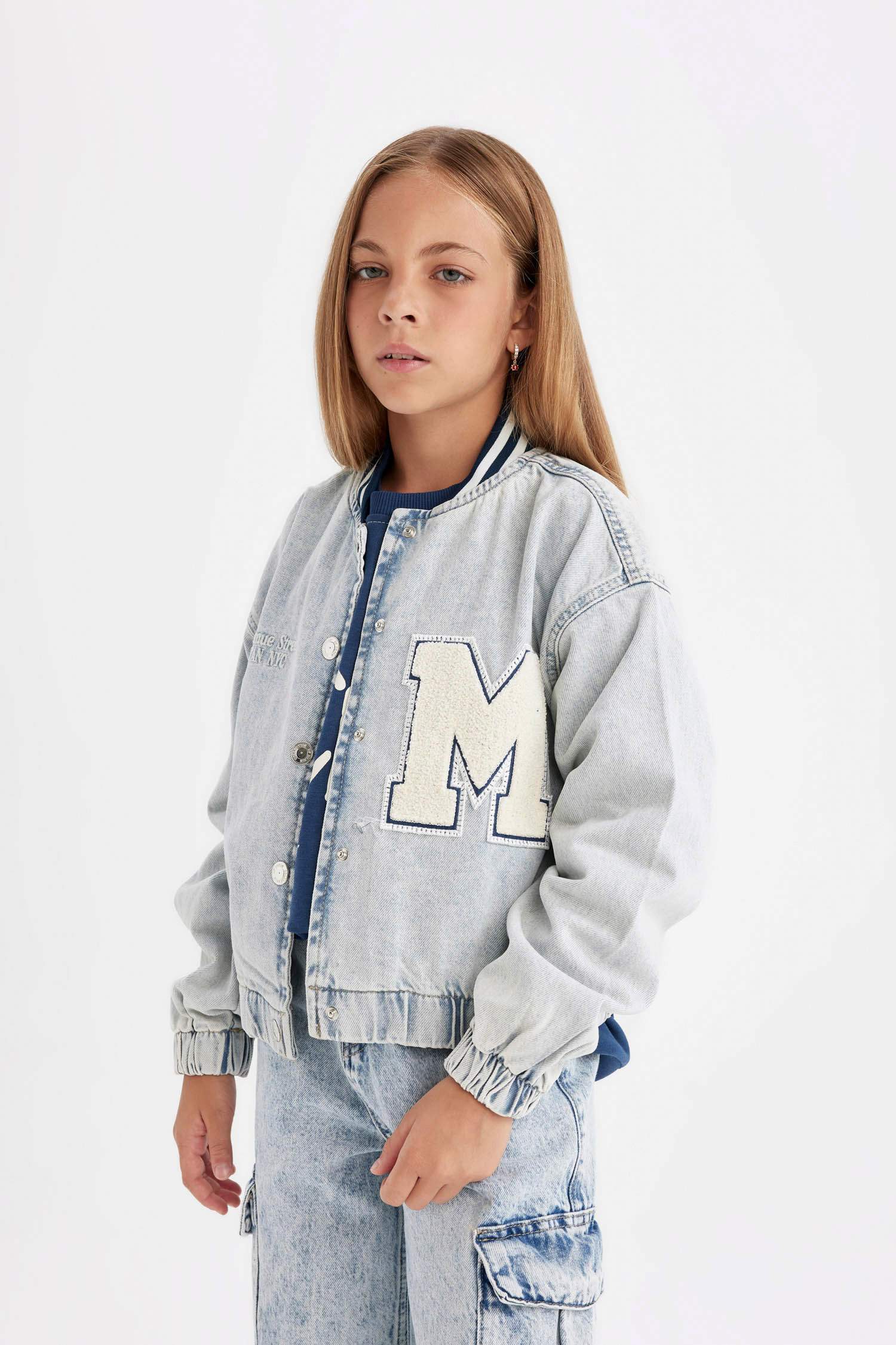 Kız Çocuk Çıtçıtlı Cepli Mevsimlik Jean Bomber Ceket