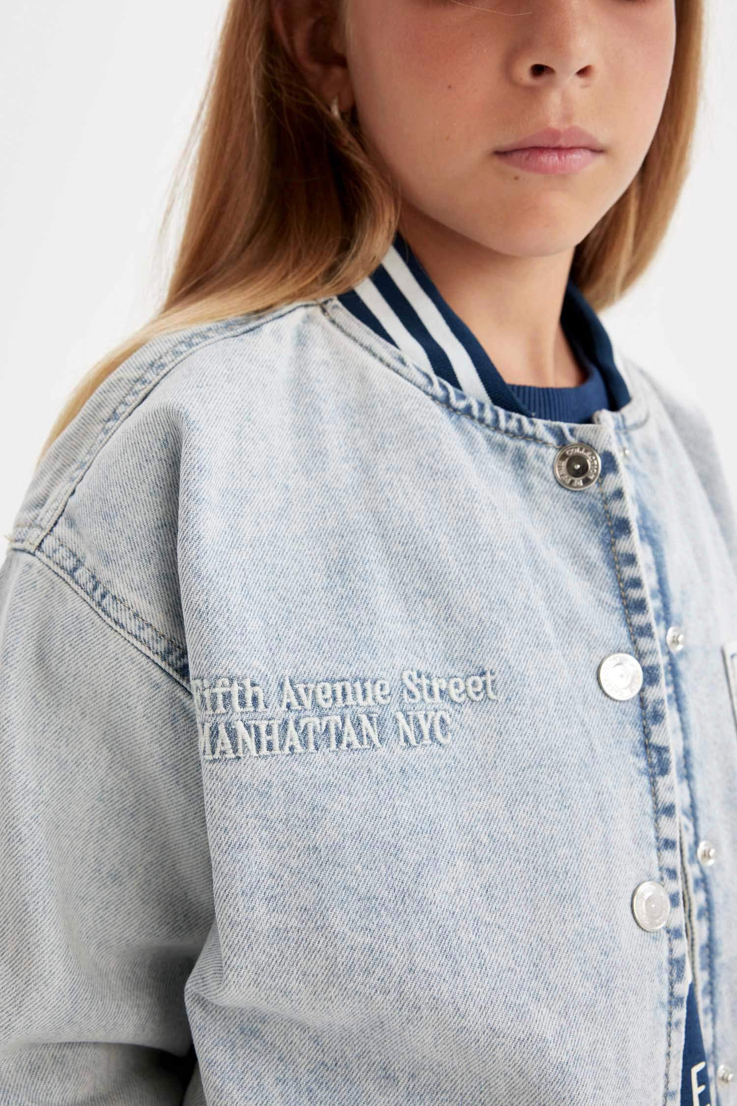 Kız Çocuk Çıtçıtlı Cepli Mevsimlik Jean Bomber Ceket