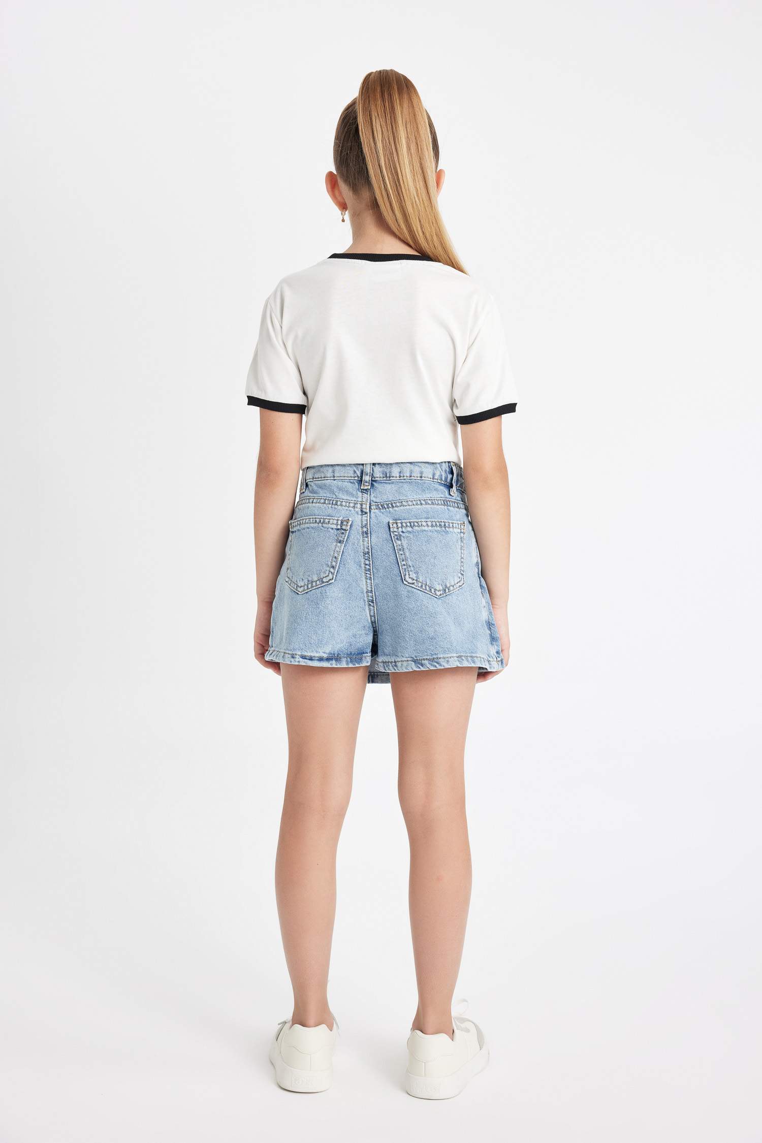 Kız Çocuk Okul Cepli Asimetrik Jean Şort Etek