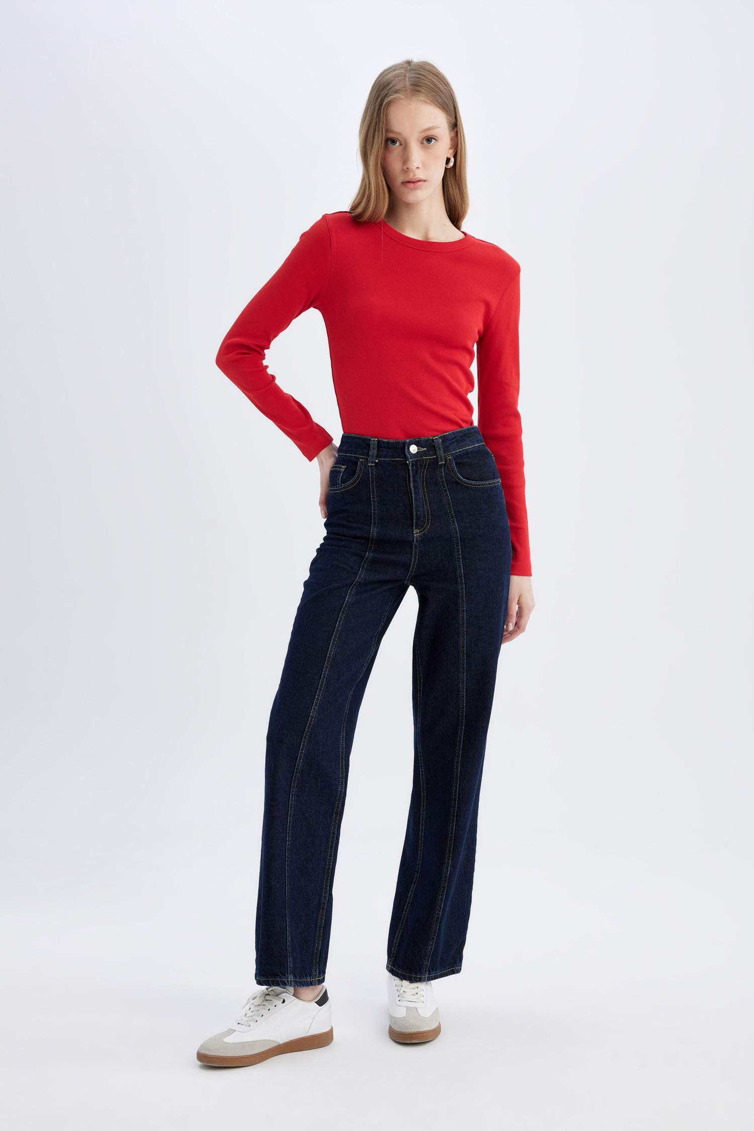 Slim Fit Dar Kesim Bisiklet Yaka Fitilli Kaşkorse Basic Düz Uzun Kollu Tişört