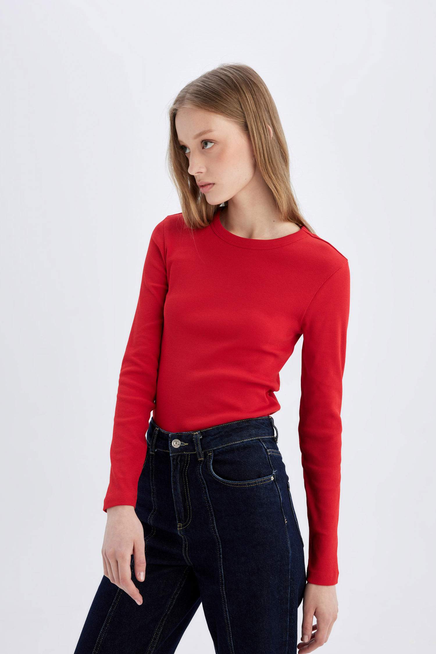 Slim Fit Dar Kesim Bisiklet Yaka Fitilli Kaşkorse Basic Düz Uzun Kollu Tişört