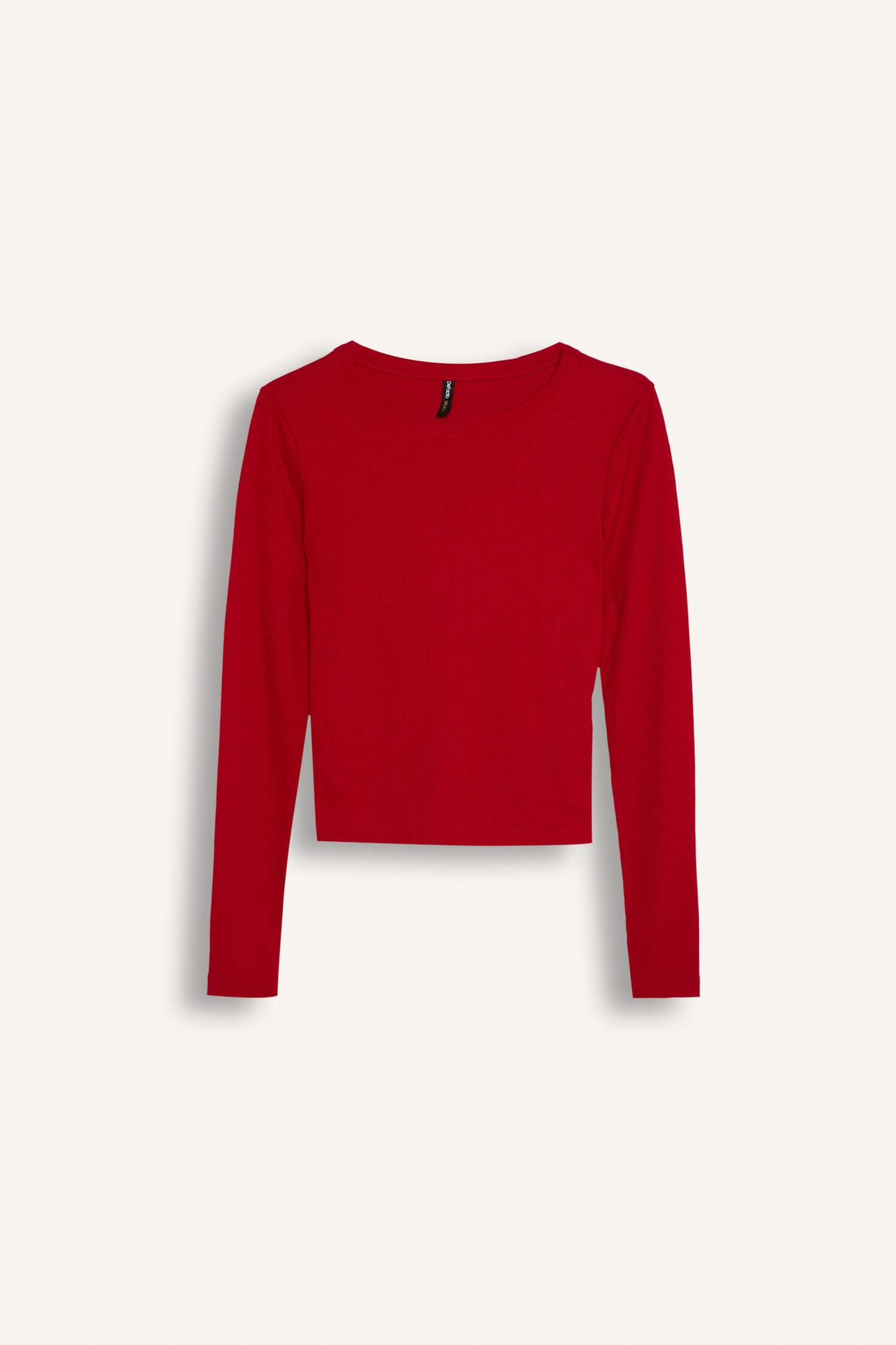 Slim Fit Dar Kesim Bisiklet Yaka Fitilli Kaşkorse Basic Düz Uzun Kollu Tişört