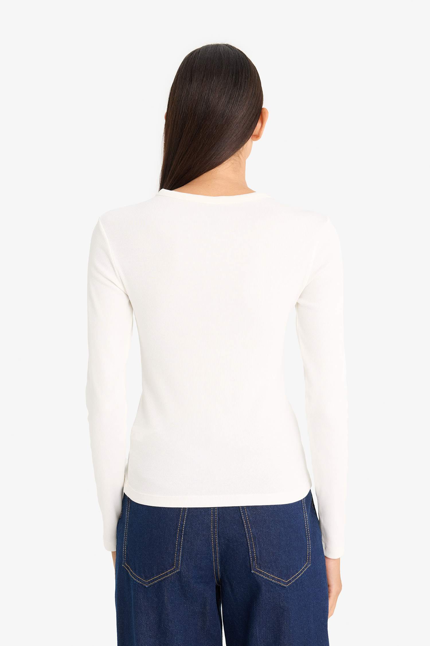 Слим Фит Облегающая Базовая Майка с Длинным Рукавом и Круглым Вырезом