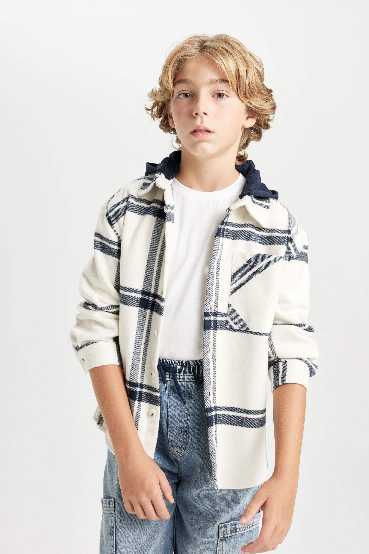 Boy Oversize Fit Hooded Flannel Shirt