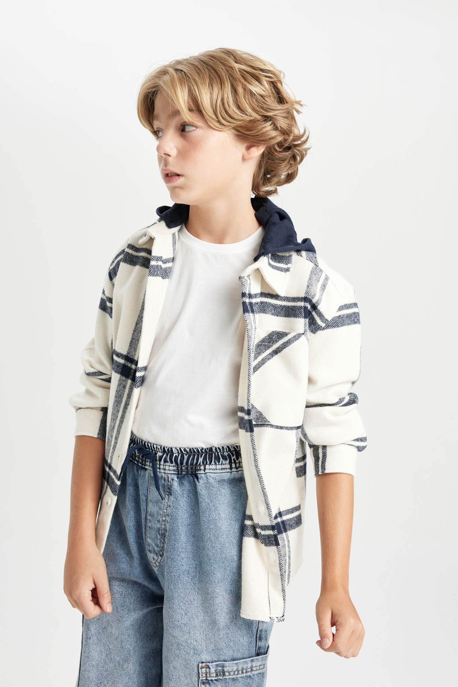 Boy Oversize Fit Hooded Flannel Shirt